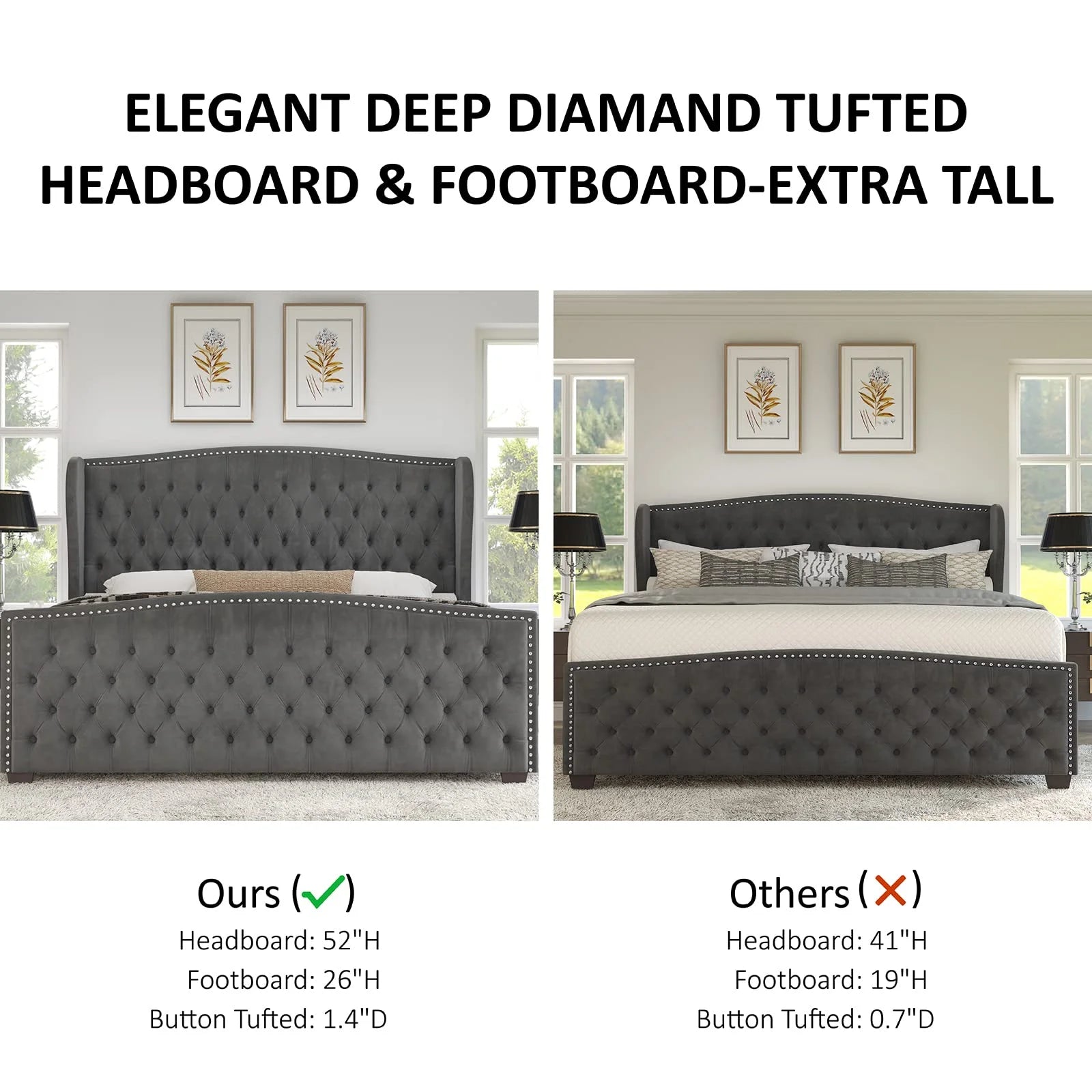 King Size Bed Frame, Velvet Upholstered Bed with Deep Button Tufted Wingback Headboard,Grey