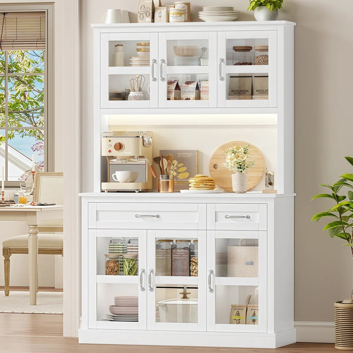 71" Kitchen Pantry Cabinet with Charging Station & Light, Tall Pantry Large Storage Space Cabinet with Microwave Stand, Modern Freestanding Hutch with Countertop for Dining Room, White