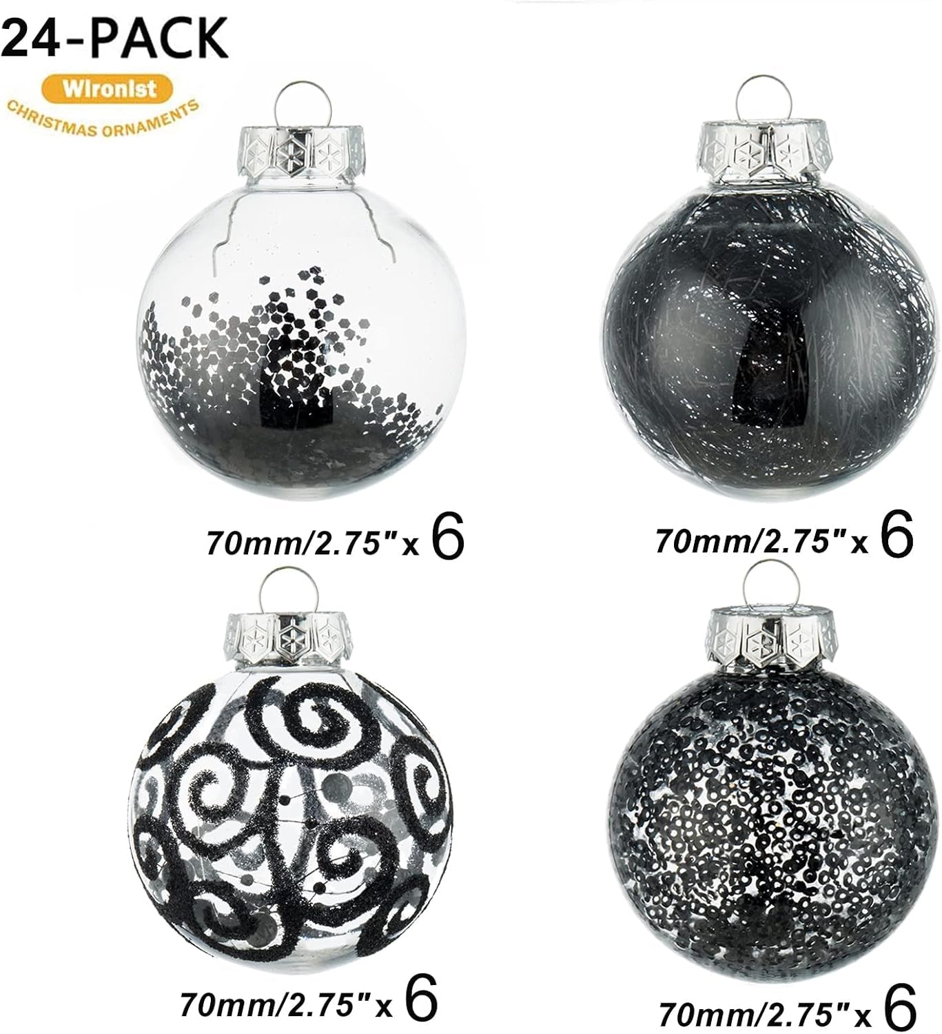 Shatterproof Clear Plastic Christmas Ball Ornaments Set with Stuffed Decorative Baubles (70mm / 2.76", Black)