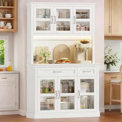 71" Kitchen Pantry Cabinet with Charging Station & Light, Tall Pantry Large Storage Space Cabinet with Microwave Stand, Modern Freestanding Hutch with Countertop for Dining Room, White