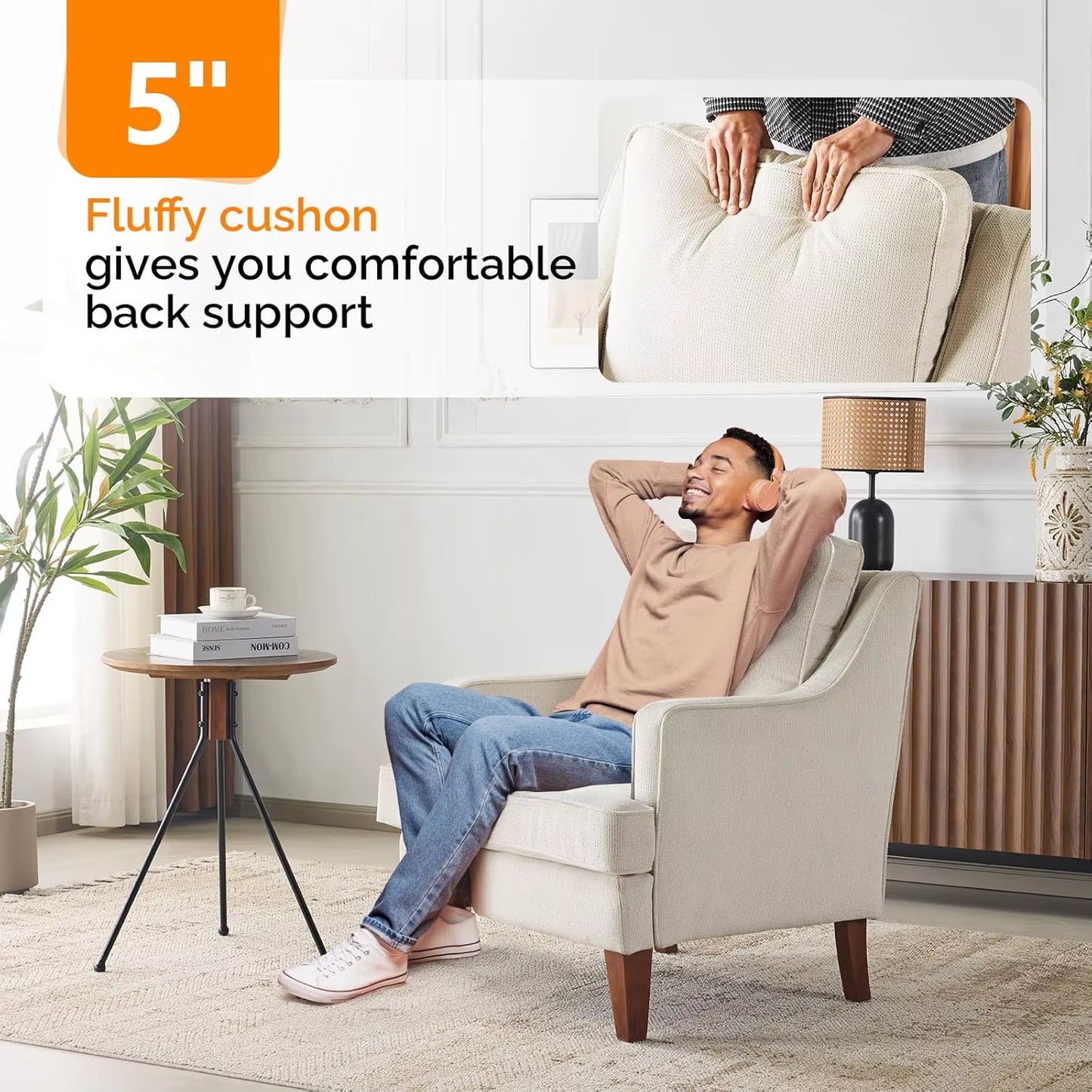 Mid-Century Modern Accent Chairs Set of 2, Beige Upholstered Armchair Comfy Sofa Chairs Reading Chair High Back for Living Room