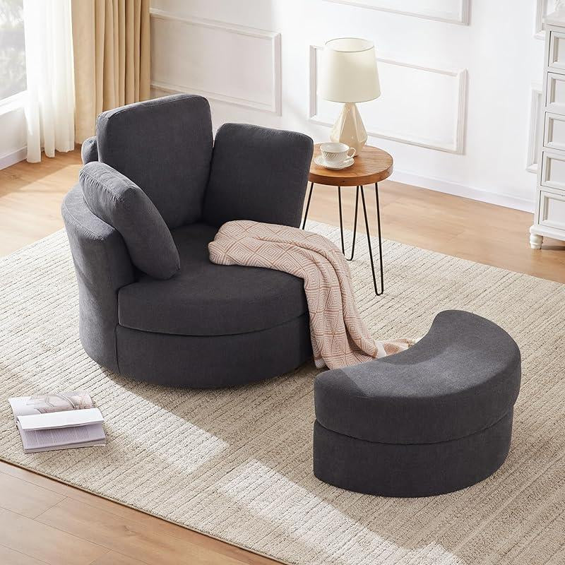 39" Swivel Accent Barrel Chairs with Removable Headrest, Chaise Lounge Indoor with Neck Support Pillow, Swivel Chairs for Living Room, Oversized Chair with Ottoman, Beige