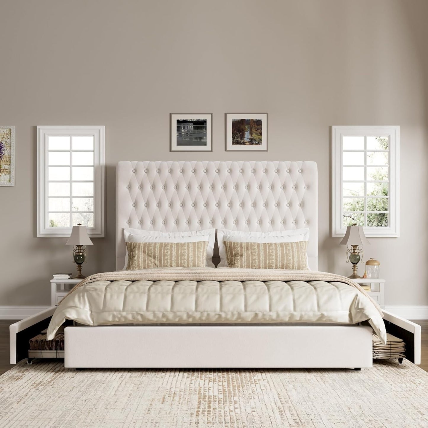 King Size Bed Frame 55" Tall Headboard with Gorgeous Button Tufted and Nail, ...