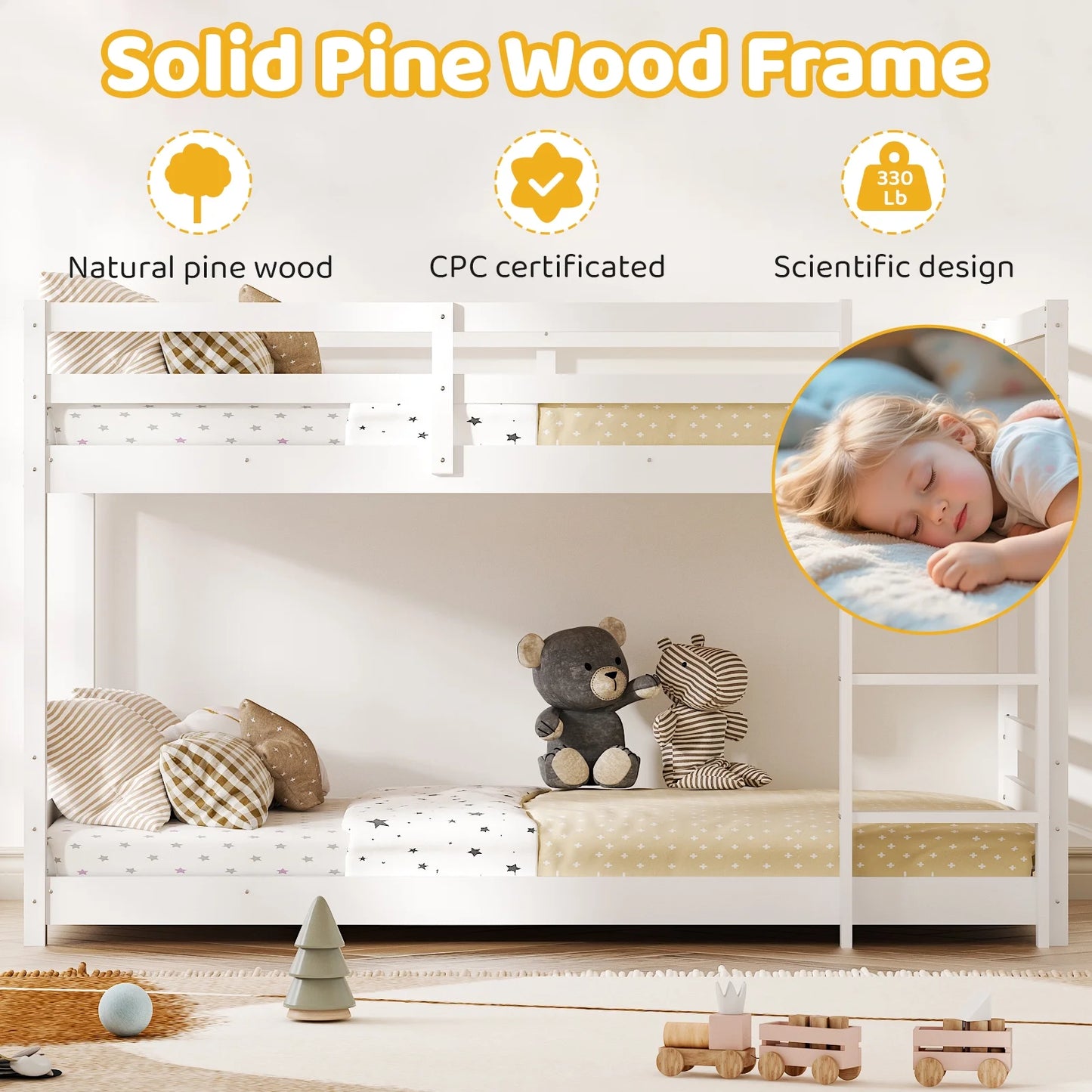 Zimtown Bunk Bed Twin over Twin,Kids Low Floor Bunk Bed with Guard Rails for Children Boys Girls Dormitory Bedroom,No Box Spring Needed,White