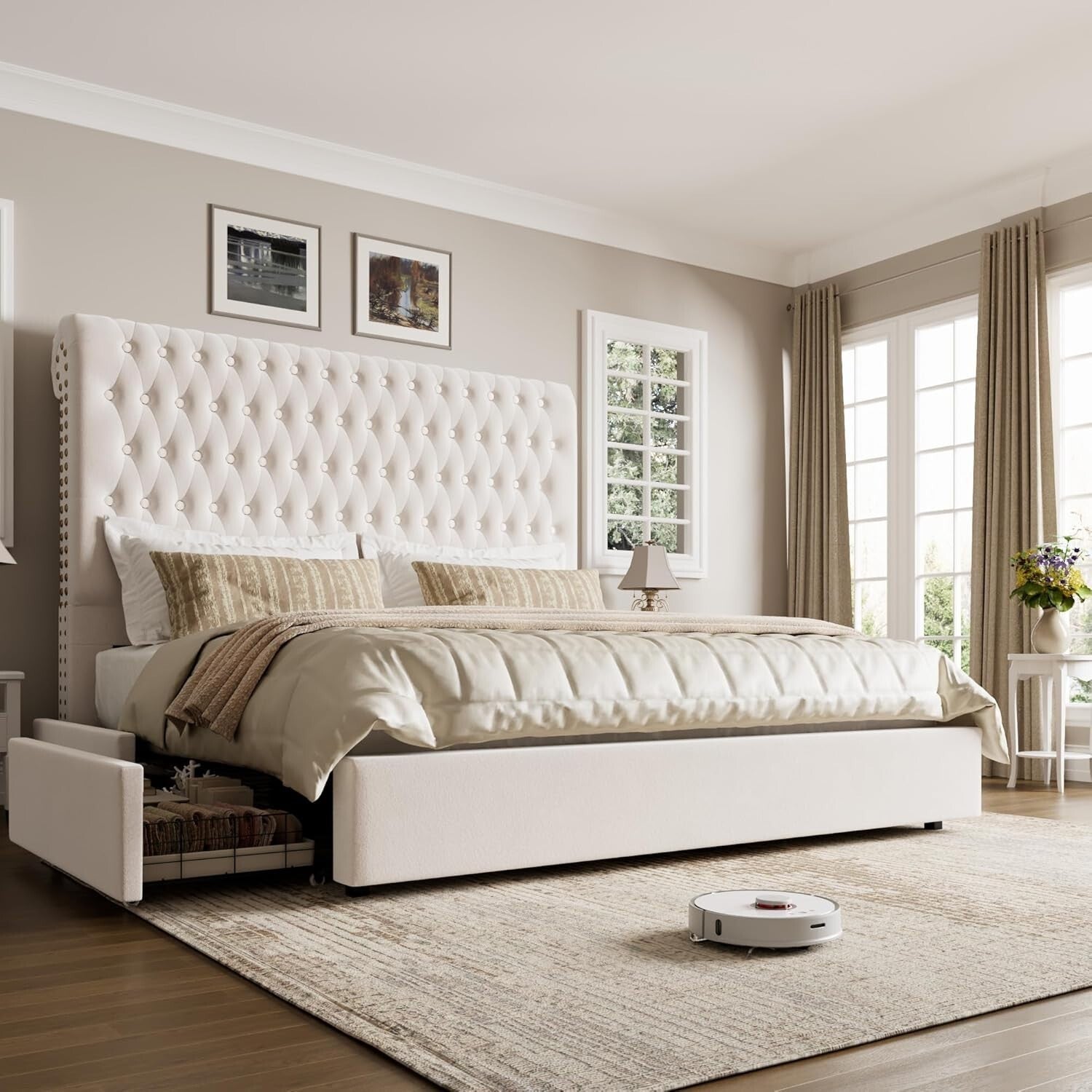 King Size Bed Frame 55" Tall Headboard with Gorgeous Button Tufted and Nail, ...