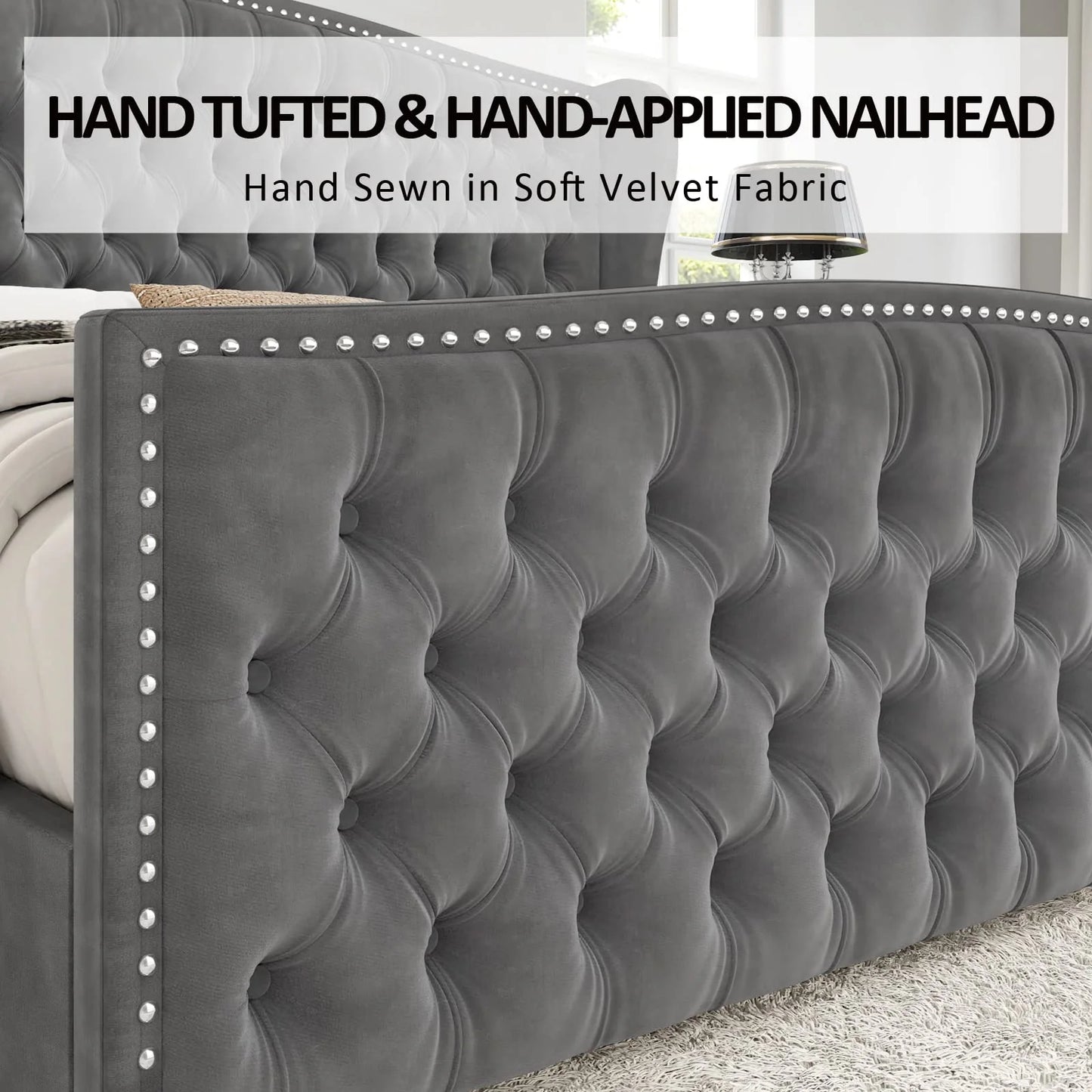 King Size Bed Frame, Velvet Upholstered Bed with Deep Button Tufted Wingback Headboard,Grey