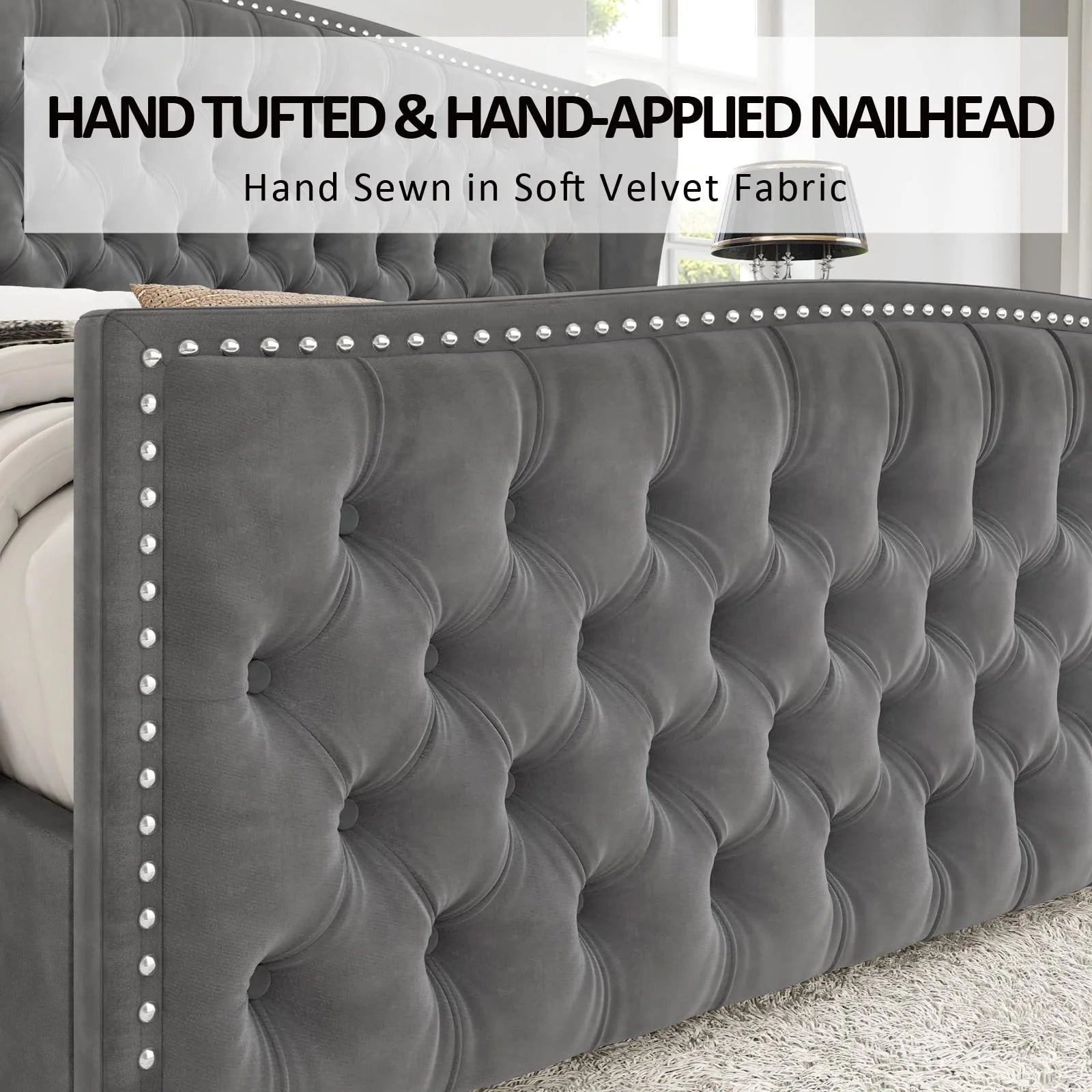 King Size Bed Frame, Velvet Upholstered Bed with Deep Button Tufted Wingback Headboard,Grey