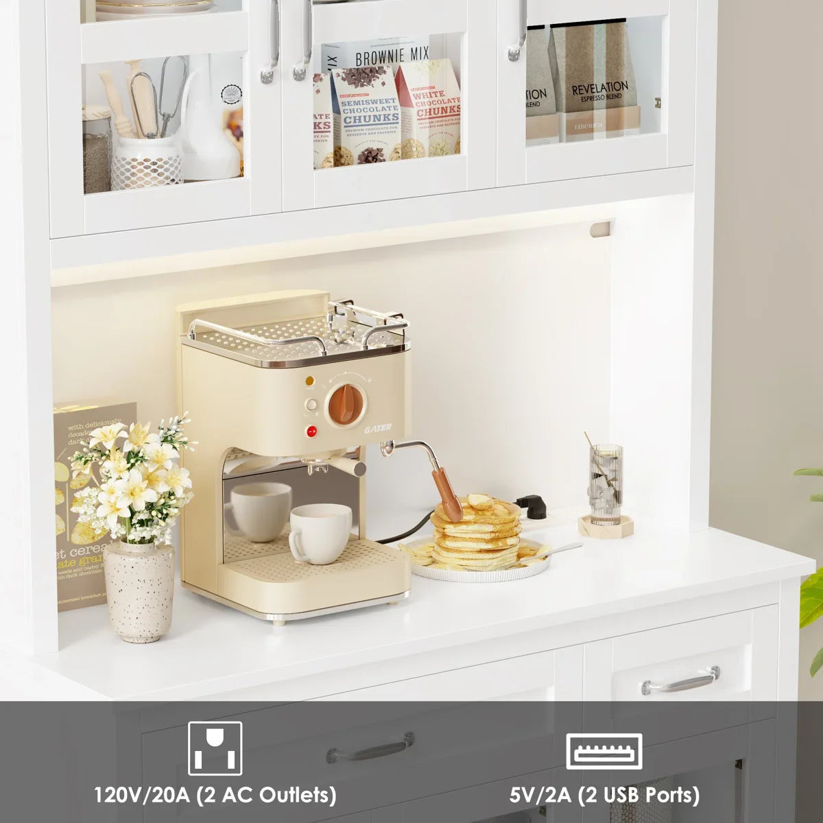 71" Kitchen Pantry Cabinet with Charging Station & Light, Tall Pantry Large Storage Space Cabinet with Microwave Stand, Modern Freestanding Hutch with Countertop for Dining Room, White