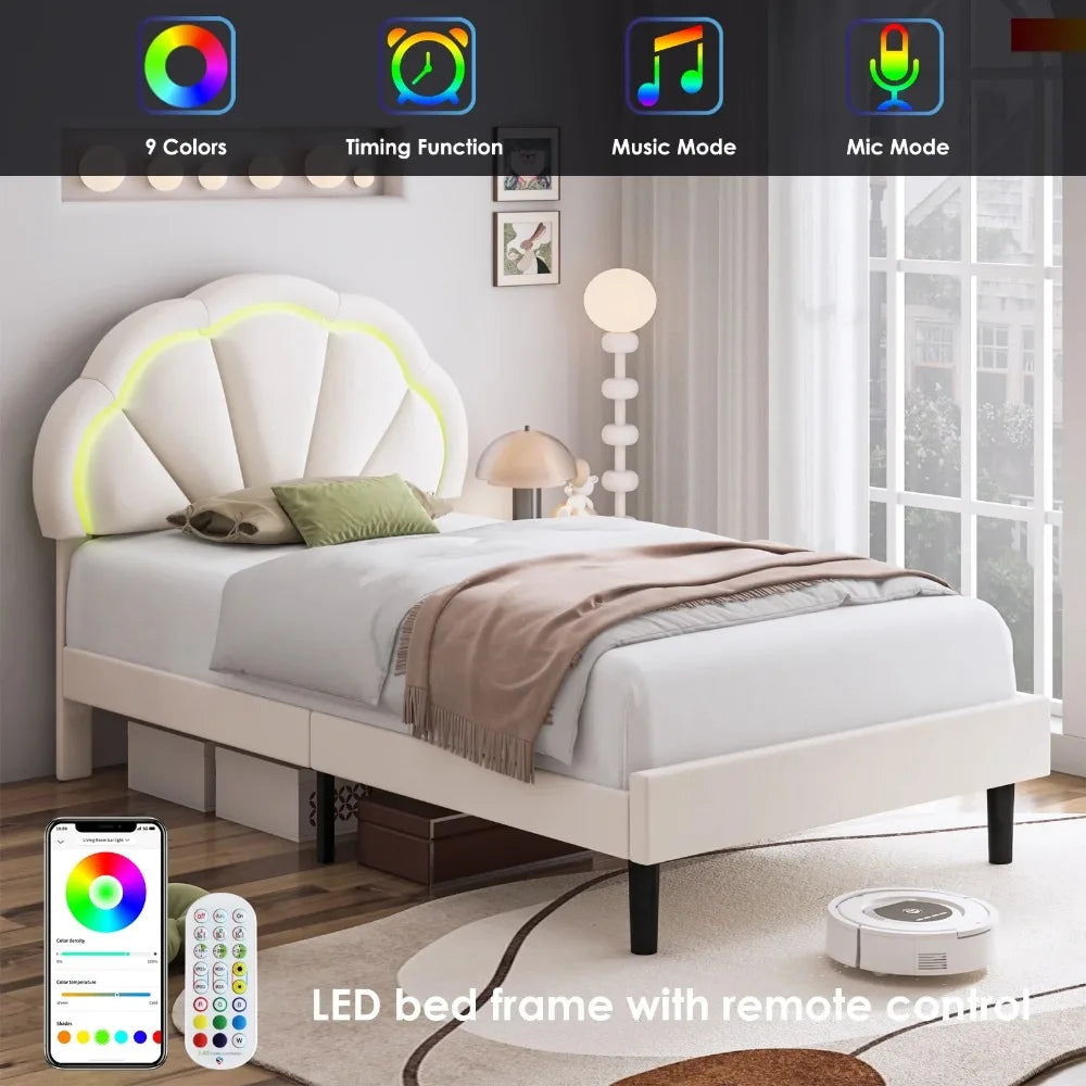 LED Bed Frame, Twin Size Velvet Upholstered Platform Bed with Adjustable Headboard, Lights Seashell Bed for Kids Girls,Off-White