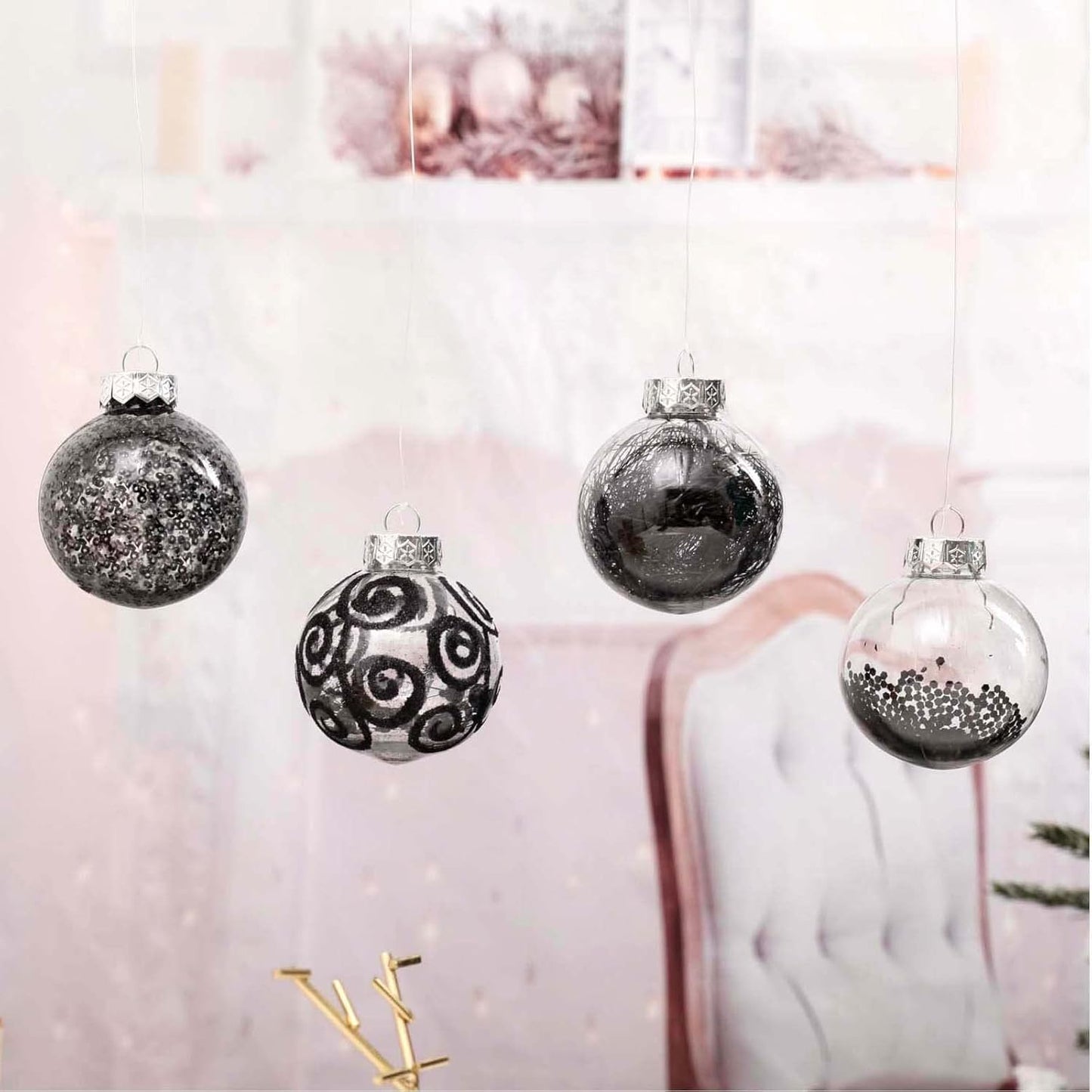 Shatterproof Clear Plastic Christmas Ball Ornaments Set with Stuffed Decorative Baubles (70mm / 2.76", Black)