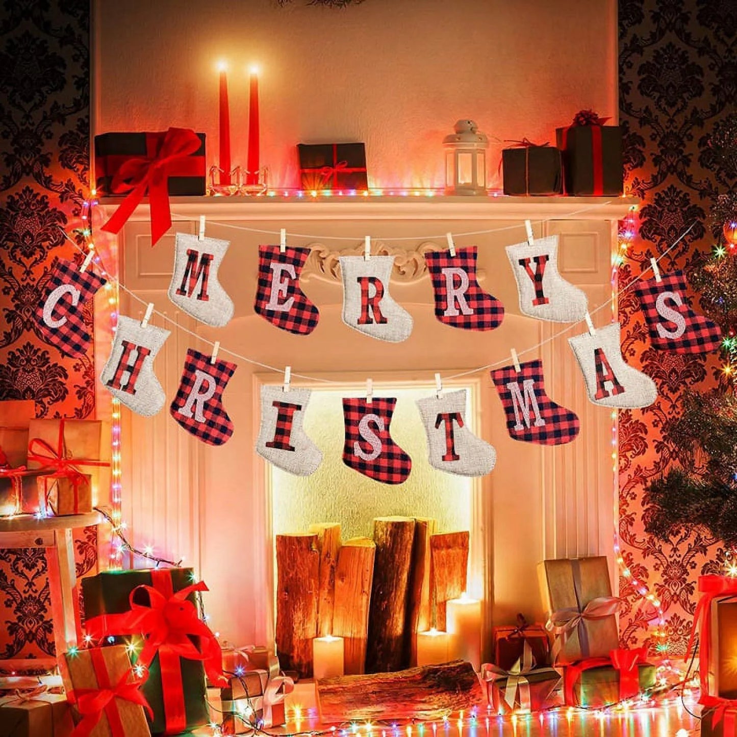 Merry Christmas Burlap Banner, Burlap and Buffalo Plaid Tree Shaped Christmas Decorations Indoor, Unique Hand-Sewn Christmas Decor, Christmas Ornaments for Wall, Window, Tree and Fireplace Decoration