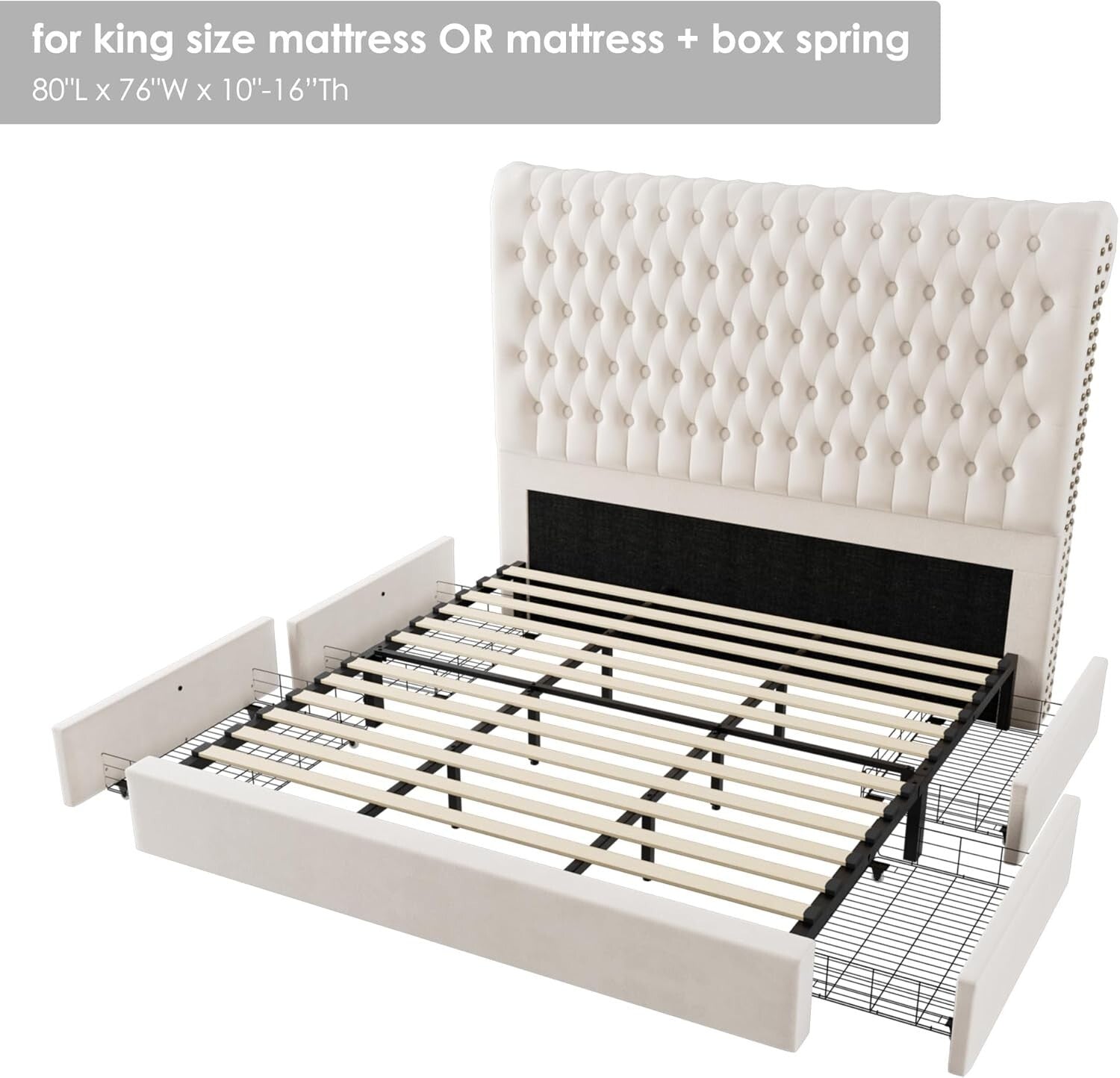 King Size Bed Frame 55" Tall Headboard with Gorgeous Button Tufted and Nail, ...