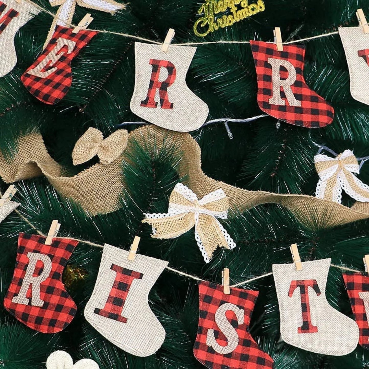 Merry Christmas Burlap Banner, Burlap and Buffalo Plaid Tree Shaped Christmas Decorations Indoor, Unique Hand-Sewn Christmas Decor, Christmas Ornaments for Wall, Window, Tree and Fireplace Decoration
