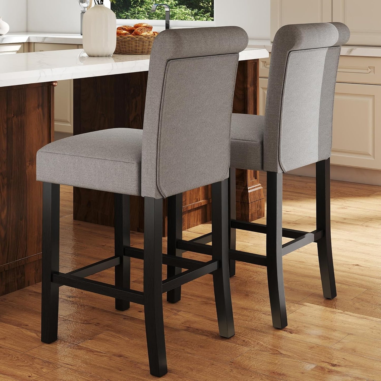 Set of 2 24-Inch Upholstered Counter Height Bar Stools with Button-Tufted Back and Solid Wood Legs in Gray