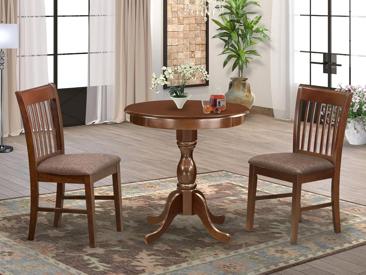 3-Piece Mahogany Dinette Set for Small Spaces Featuring a Round Pedestal Table and Two Upholstered Dining Chairs, 30x30 Inches