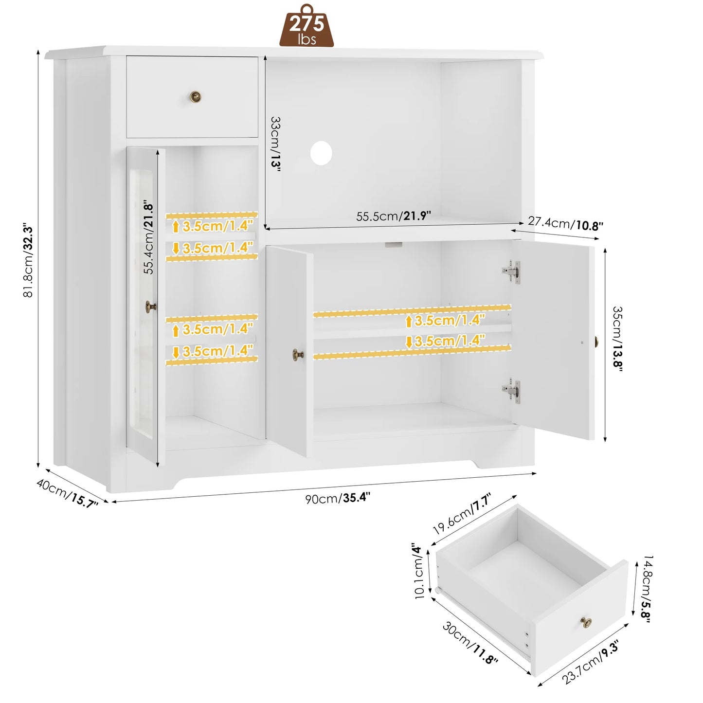 Microwave Cabinet with Hutch, Kitchen Pantry Cabinet Sideboard with Adjustable Shelves and Drawer for Dining Room, White