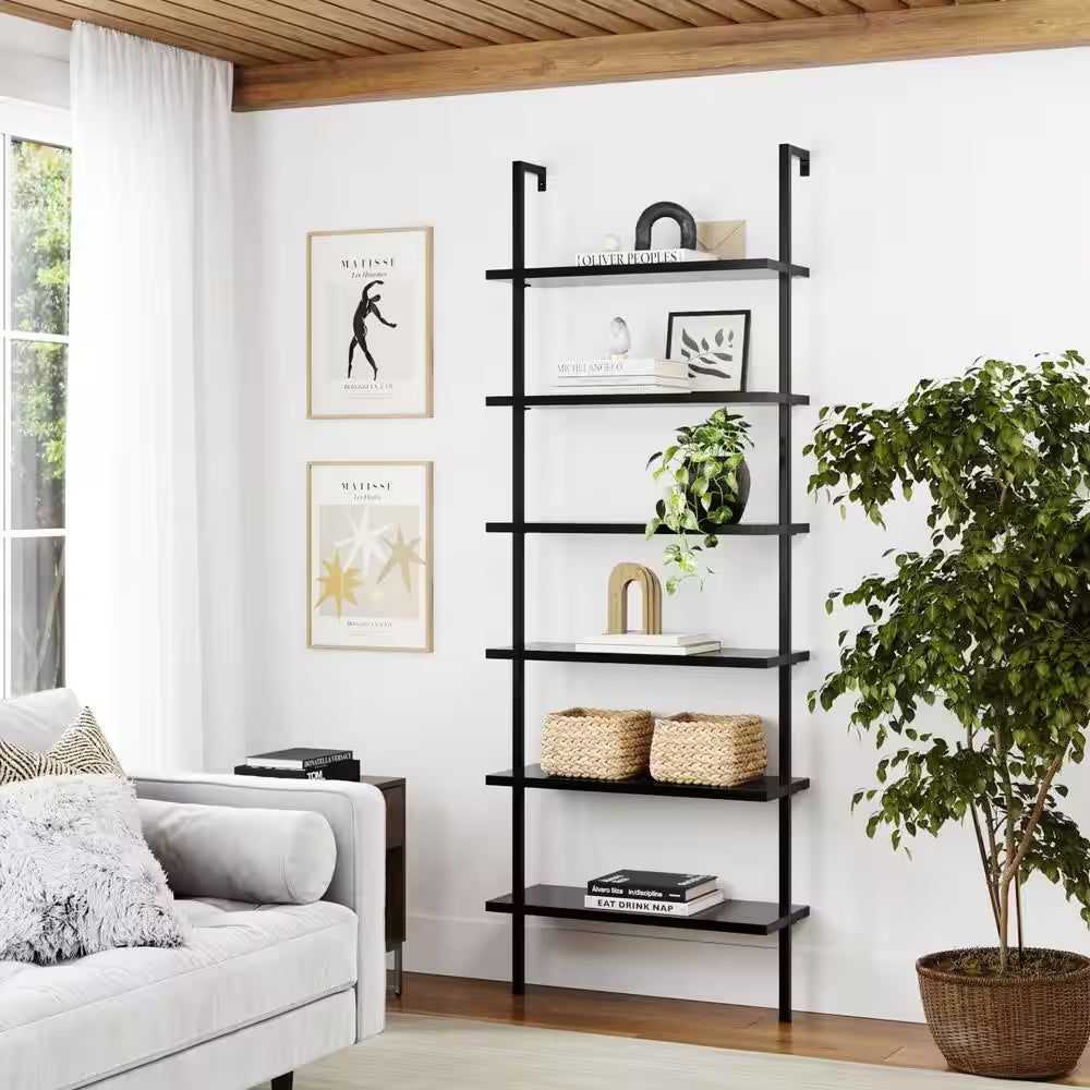 Theo 85-Inch Tall Bookcase with 6 Shelves, Wall-Mounted Wooden Shelves and Metal Frame, Matte Black Finish