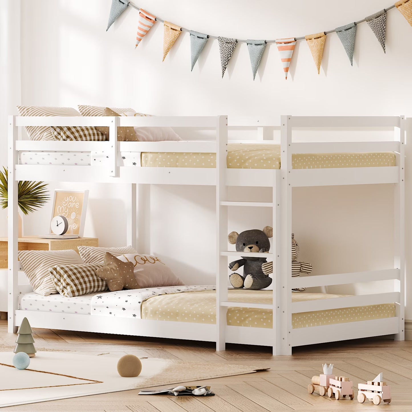 Zimtown Bunk Bed Twin over Twin,Kids Low Floor Bunk Bed with Guard Rails for Children Boys Girls Dormitory Bedroom,No Box Spring Needed,White
