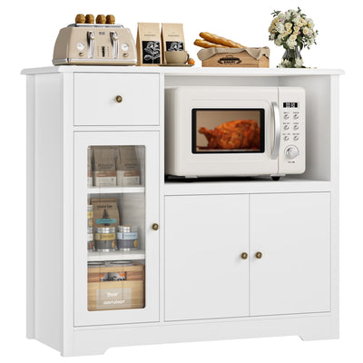 Microwave Cabinet with Hutch, Kitchen Pantry Cabinet Sideboard with Adjustable Shelves and Drawer for Dining Room, White