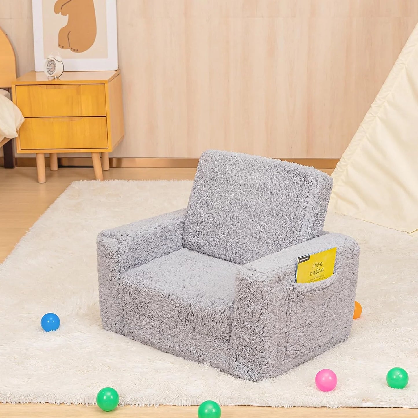 Kids Chairs for Toddler, 2-In-1 Toddler Soft Sherpa Couch Fold Out, Convertible Sofa to Lounger for Girls and Boys, Gift for Toddler Kids Children, Best Birthday Gifts for Kids, Grey