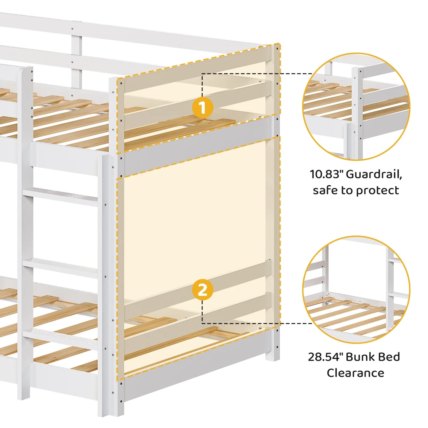 Zimtown Bunk Bed Twin over Twin,Kids Low Floor Bunk Bed with Guard Rails for Children Boys Girls Dormitory Bedroom,No Box Spring Needed,White