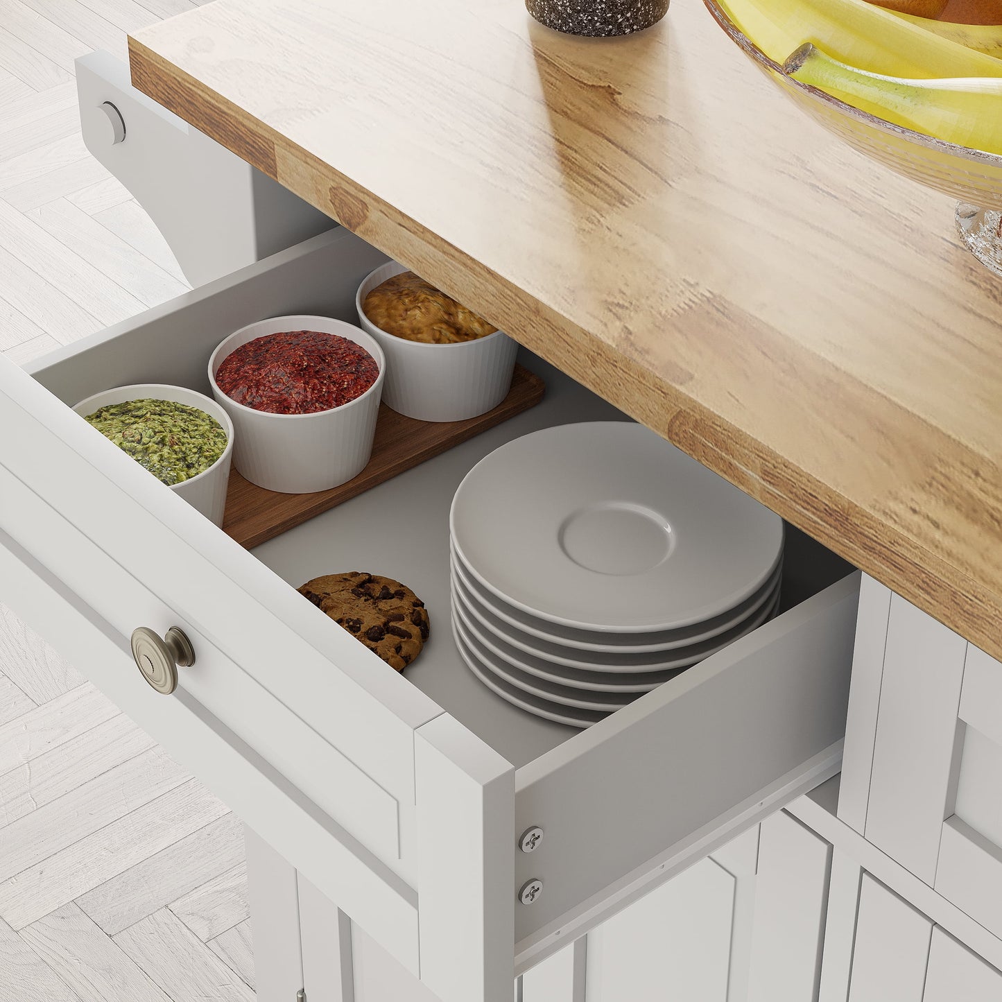 MSTG Tech 51.2” Drop-Leaf Kitchen Island – White MDF Storage Island with Adjustable Shelves, Expanding Countertop & Rolling Mobility