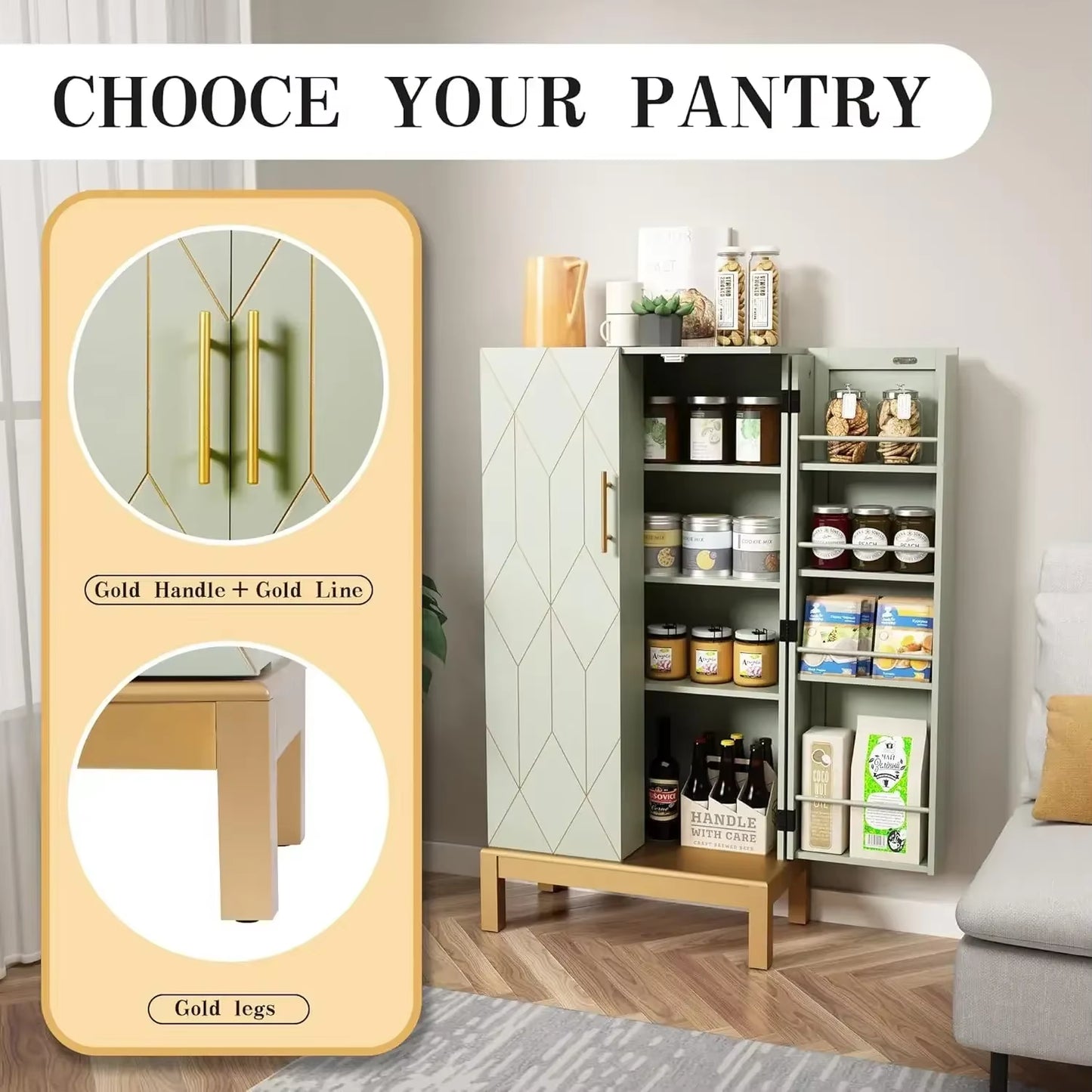 45'' Kitchen Pantry Cabinet,Storage Cabinet Adjustable Shelves,Food Pantry Cabinet for Kitchen,Dining Room,Living Room Garage