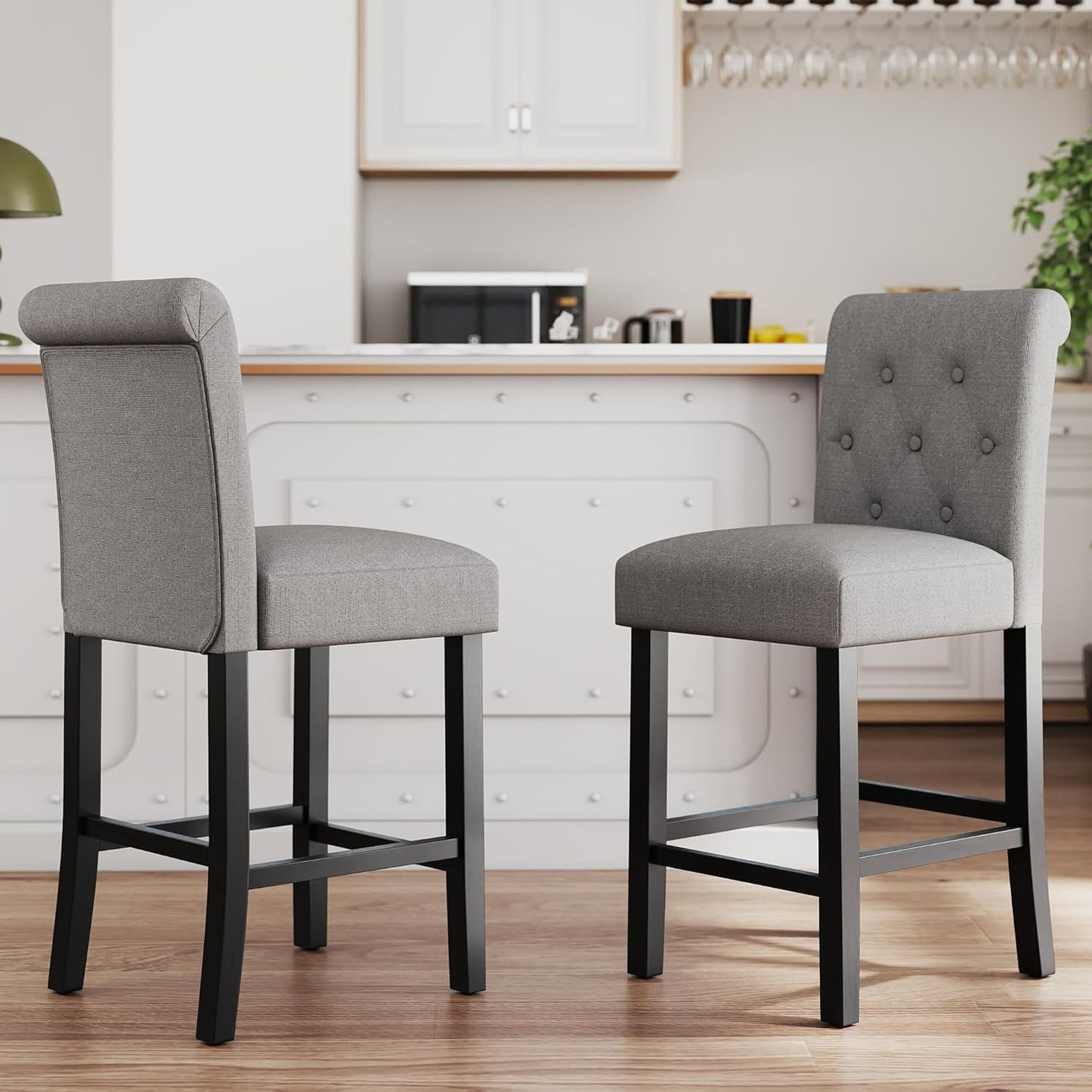 Set of 2 24-Inch Upholstered Counter Height Bar Stools with Button-Tufted Back and Solid Wood Legs in Gray