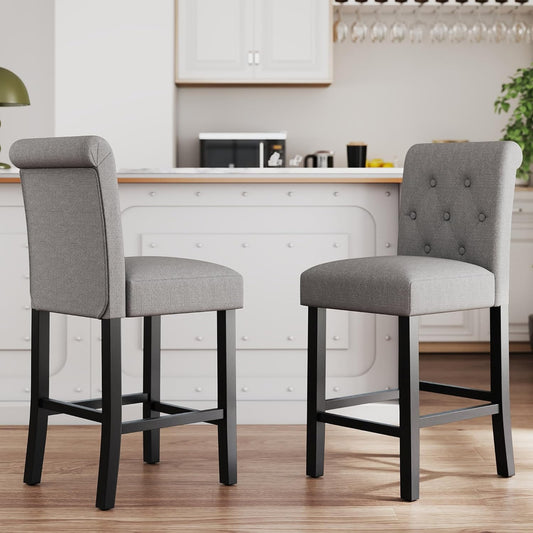 Set of 2 24-Inch Upholstered Counter Height Bar Stools with Button-Tufted Back and Solid Wood Legs in Gray