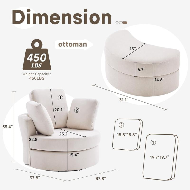 39" Swivel Accent Barrel Chairs with Removable Headrest, Chaise Lounge Indoor with Neck Support Pillow, Swivel Chairs for Living Room, Oversized Chair with Ottoman, Beige