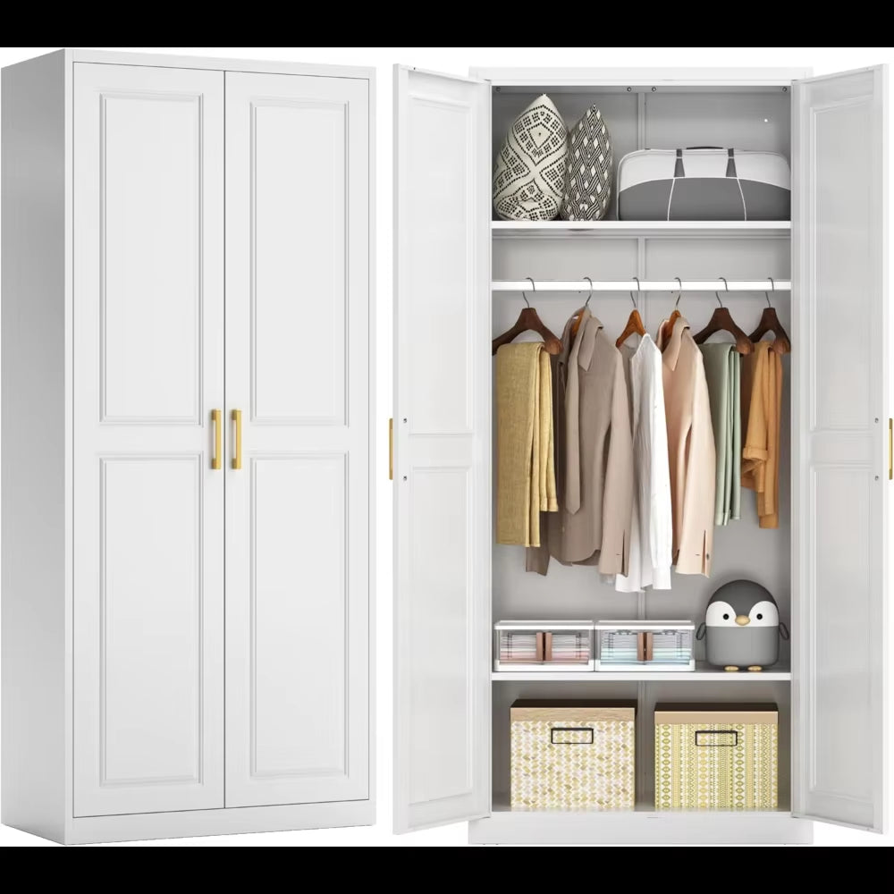 71" Metal Armoire Wardrobe Closet with 2 Doors, Tall Wardrobe Cabinet with Hanging Rod and Adjustable Shelves