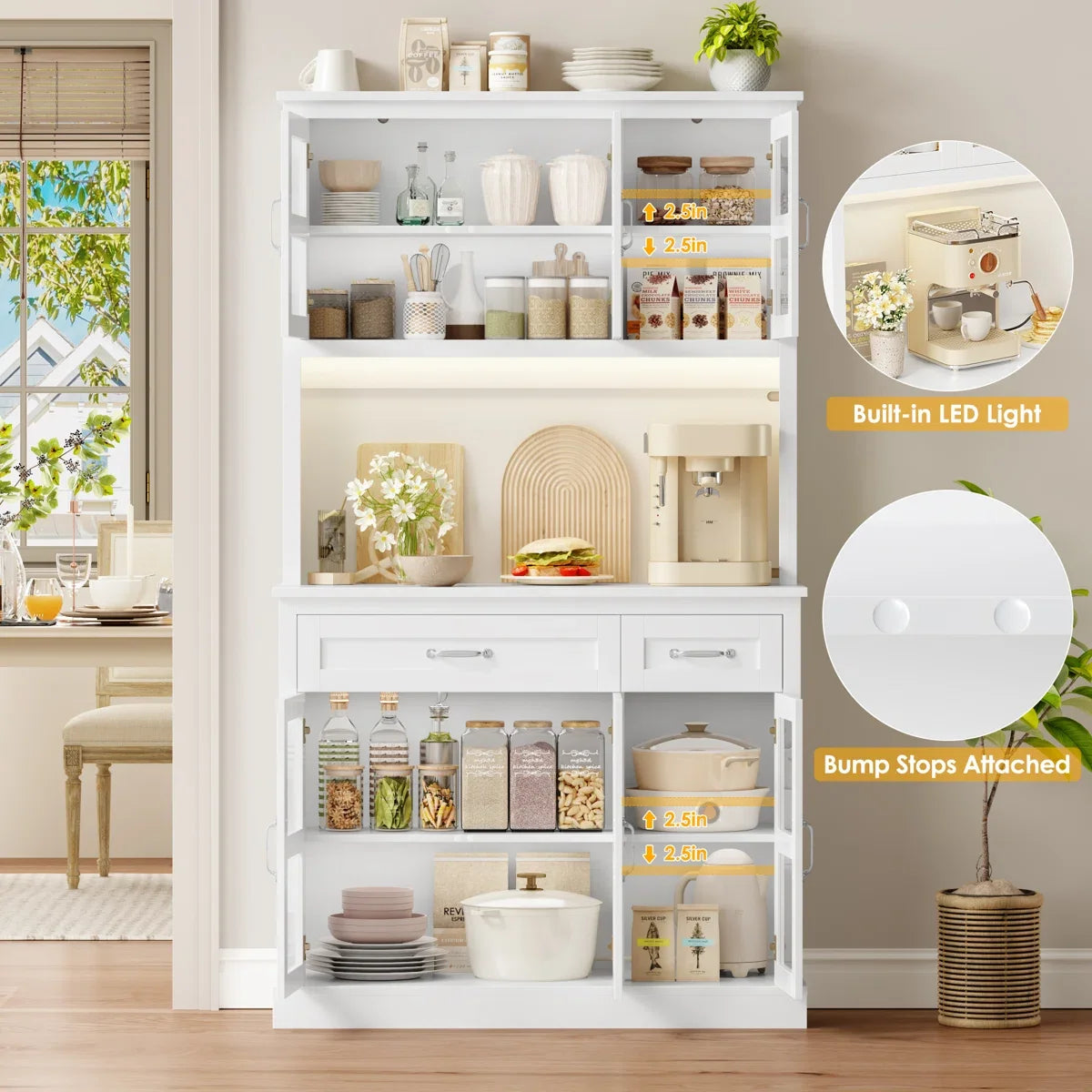 71" Kitchen Pantry Cabinet with Charging Station & Light, Tall Pantry Large Storage Space Cabinet with Microwave Stand, Modern Freestanding Hutch with Countertop for Dining Room, White