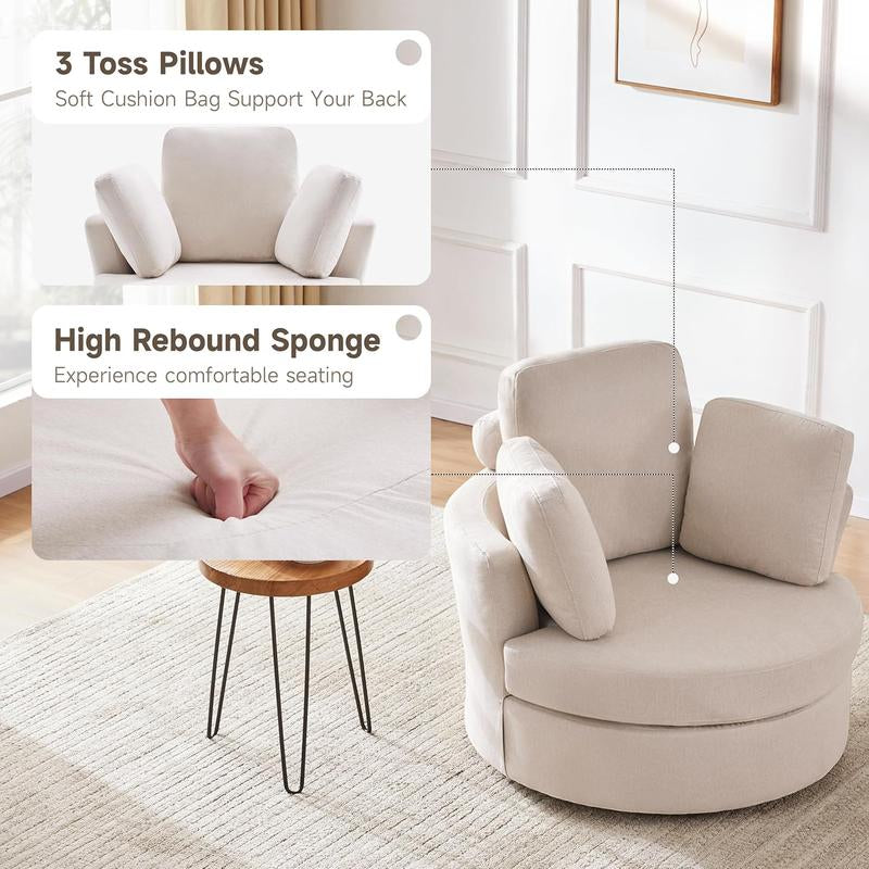 39" Swivel Accent Barrel Chairs with Removable Headrest, Chaise Lounge Indoor with Neck Support Pillow, Swivel Chairs for Living Room, Oversized Chair with Ottoman, Beige