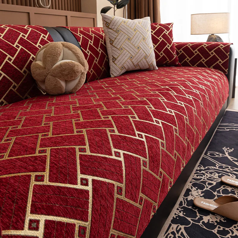 Luxury Chenille Sofa Mat with Golden Line Grid – Non-Slip Geometric Slipcover for Modern Living Rooms