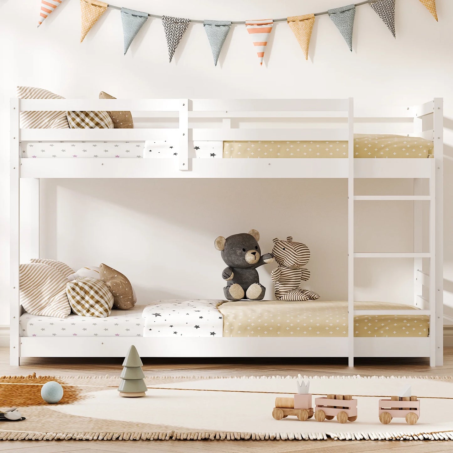 Zimtown Bunk Bed Twin over Twin,Kids Low Floor Bunk Bed with Guard Rails for Children Boys Girls Dormitory Bedroom,No Box Spring Needed,White