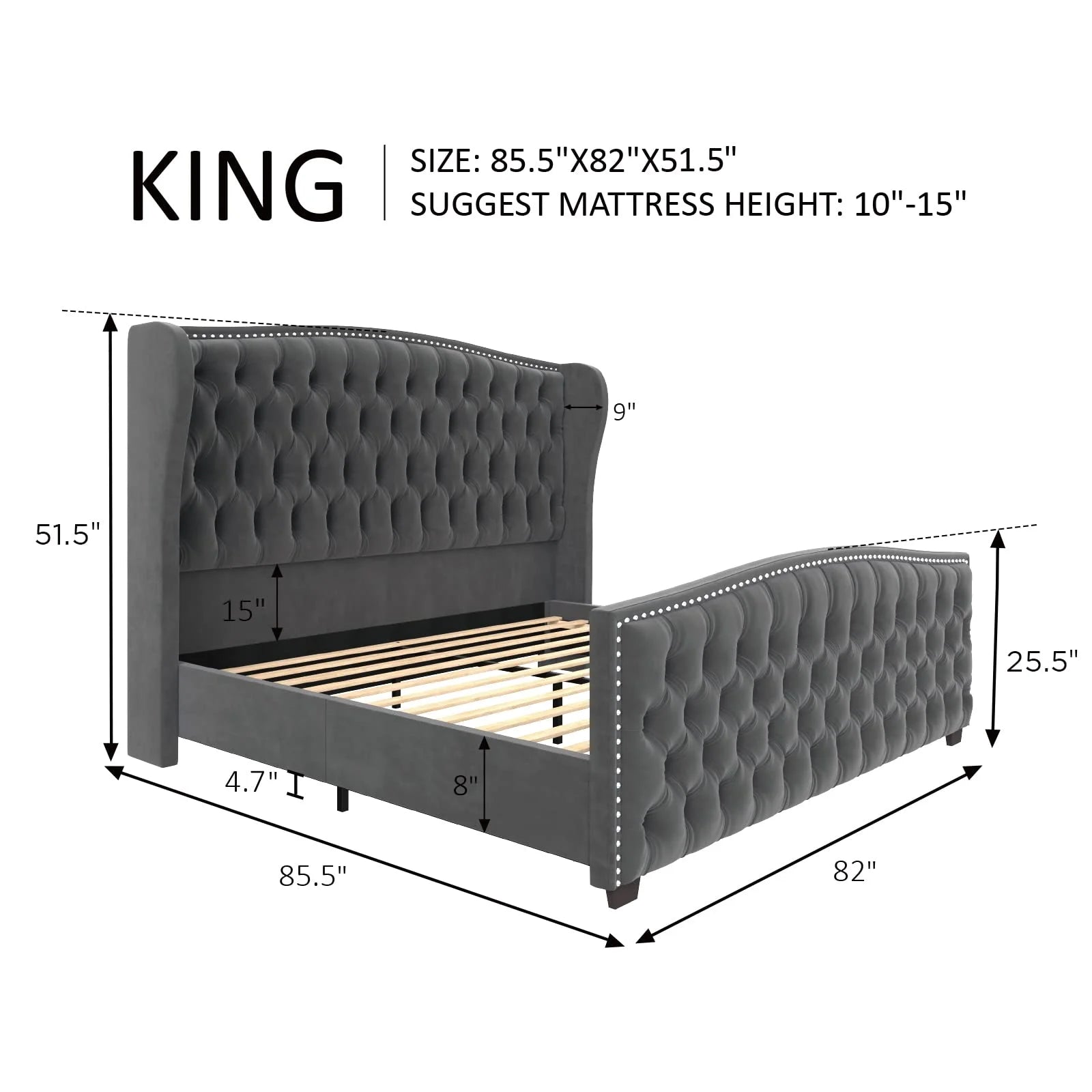 King Size Bed Frame, Velvet Upholstered Bed with Deep Button Tufted Wingback Headboard,Grey