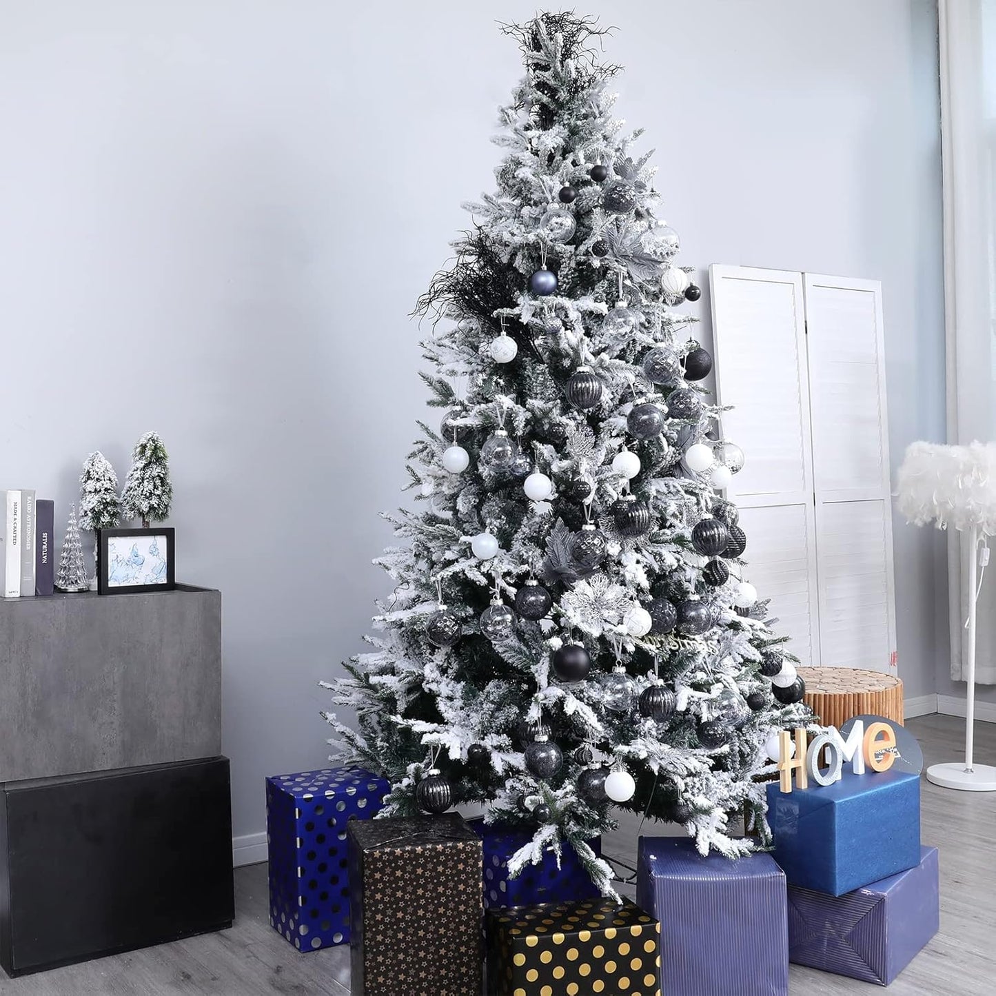 Shatterproof Clear Plastic Christmas Ball Ornaments Set with Stuffed Decorative Baubles (70mm / 2.76", Black)