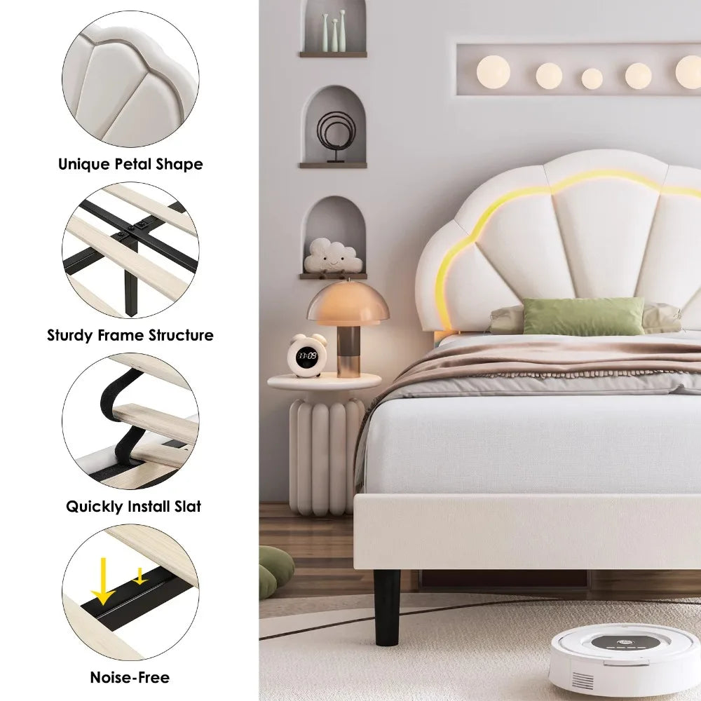 LED Bed Frame, Twin Size Velvet Upholstered Platform Bed with Adjustable Headboard, Lights Seashell Bed for Kids Girls,Off-White