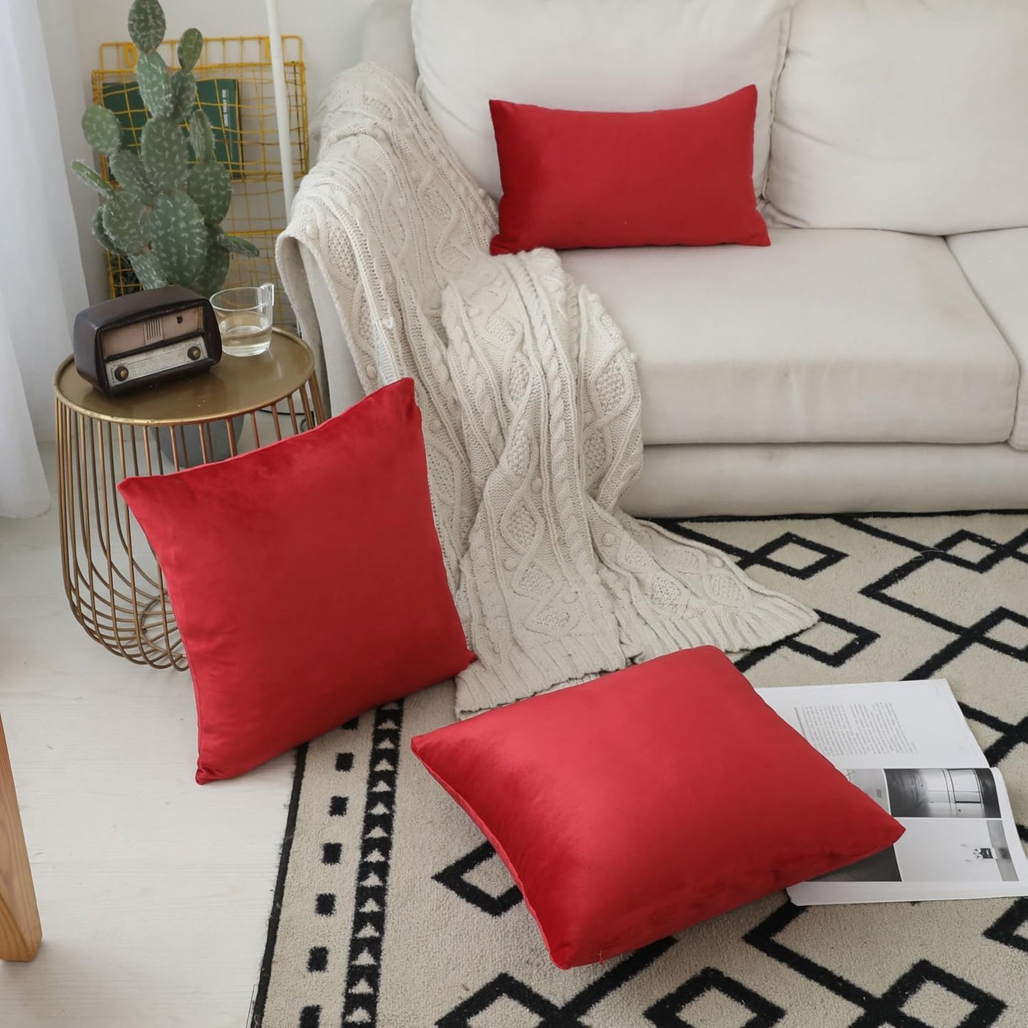 Set of 2 Modern Velvet Throw Pillow Covers in Ruby Red, 18x18 Inches, for Couch and Bedroom Décor, Ideal for Weddings and Holiday Celebrations