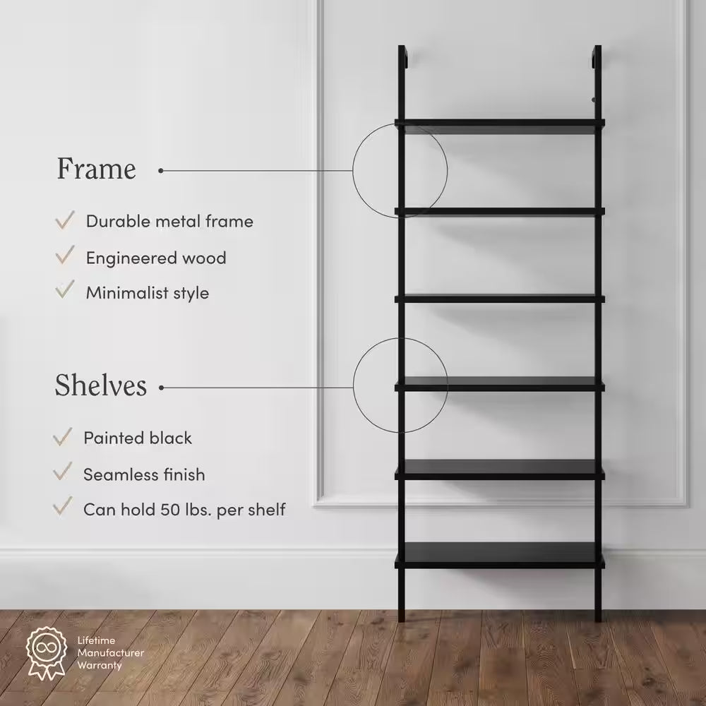 Theo 85-Inch Tall Bookcase with 6 Shelves, Wall-Mounted Wooden Shelves and Metal Frame, Matte Black Finish