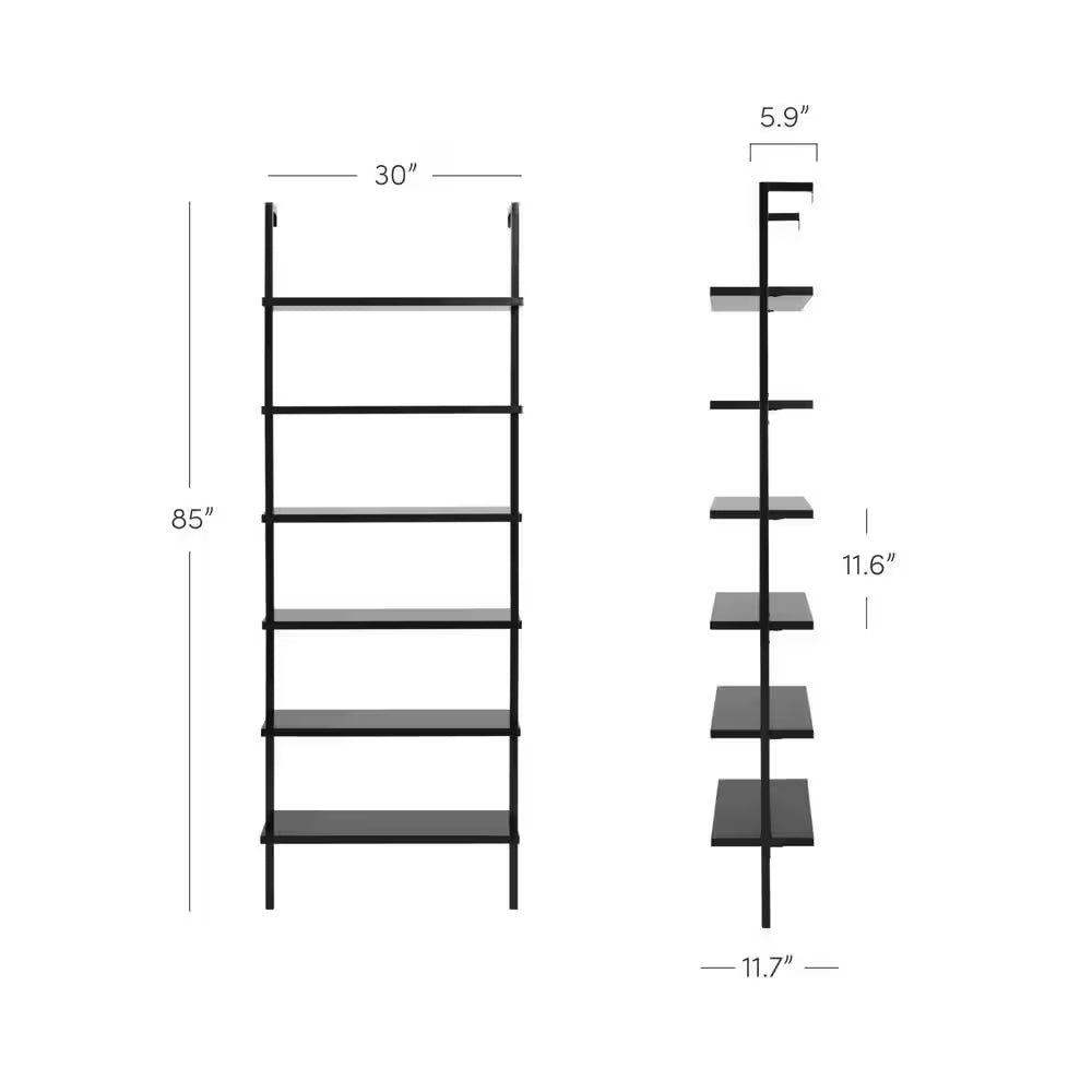 Theo 85-Inch Tall Bookcase with 6 Shelves, Wall-Mounted Wooden Shelves and Metal Frame, Matte Black Finish