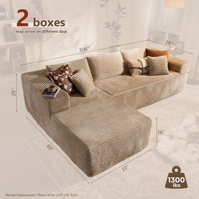 CAODOC Boneless Cloud Sectional L-Shaped Sofa with Comfy round Chaise, Oversized Lounge Chair, Plush Cushions, Fully Assembled, Minimalist Modular Design