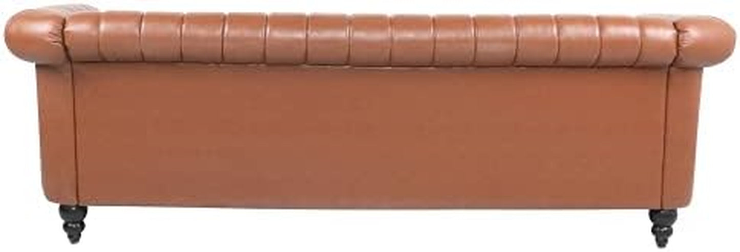 Chesterfield 3-Seater Sofa in PU Leather with Rolled Arms and Studded Accents, Featuring Rotating Solid Wood Legs - Bronze Finish