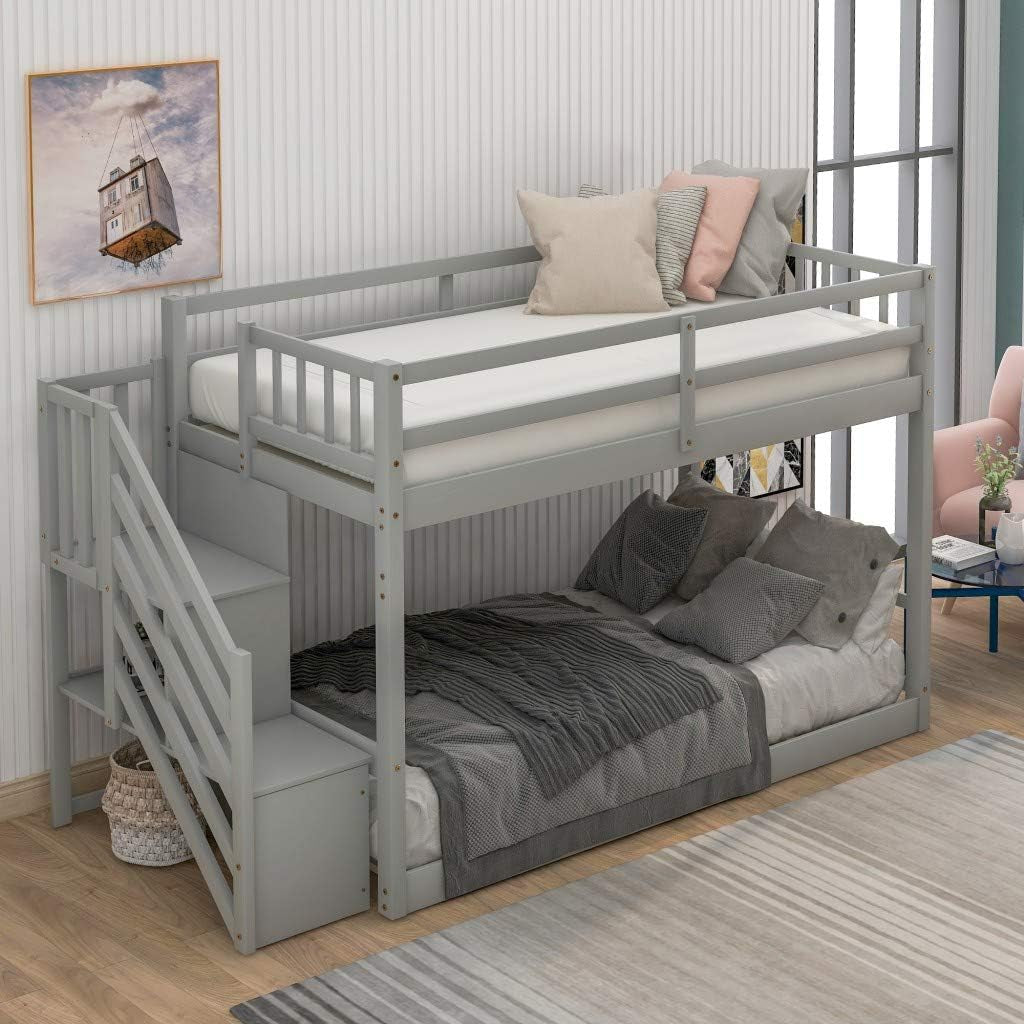 Solid Wood Twin over Twin Low Bunk Bed with Storage and Guardrail for Children and Toddlers