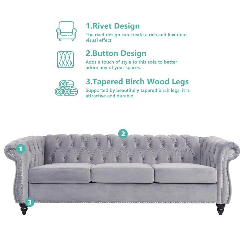 Giratree Furniture 78" 3-Seater Velvet Sofa | Tufted Back Chesterfield Upholstered Couch | Ideal for Living Room, Apartment, Office, Reception, Lounge, Small Spaces