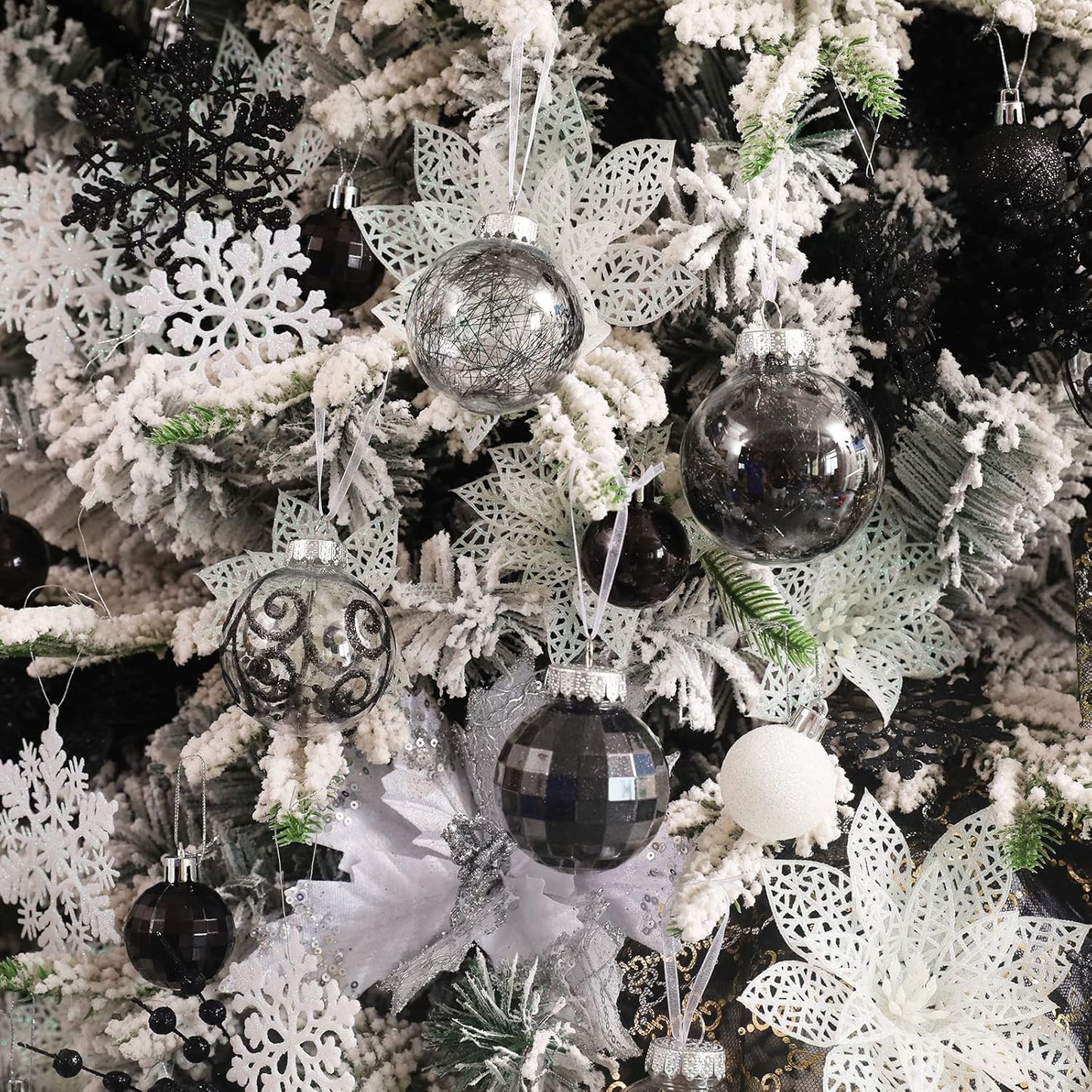 Shatterproof Clear Plastic Christmas Ball Ornaments Set with Stuffed Decorative Baubles (70mm / 2.76", Black)
