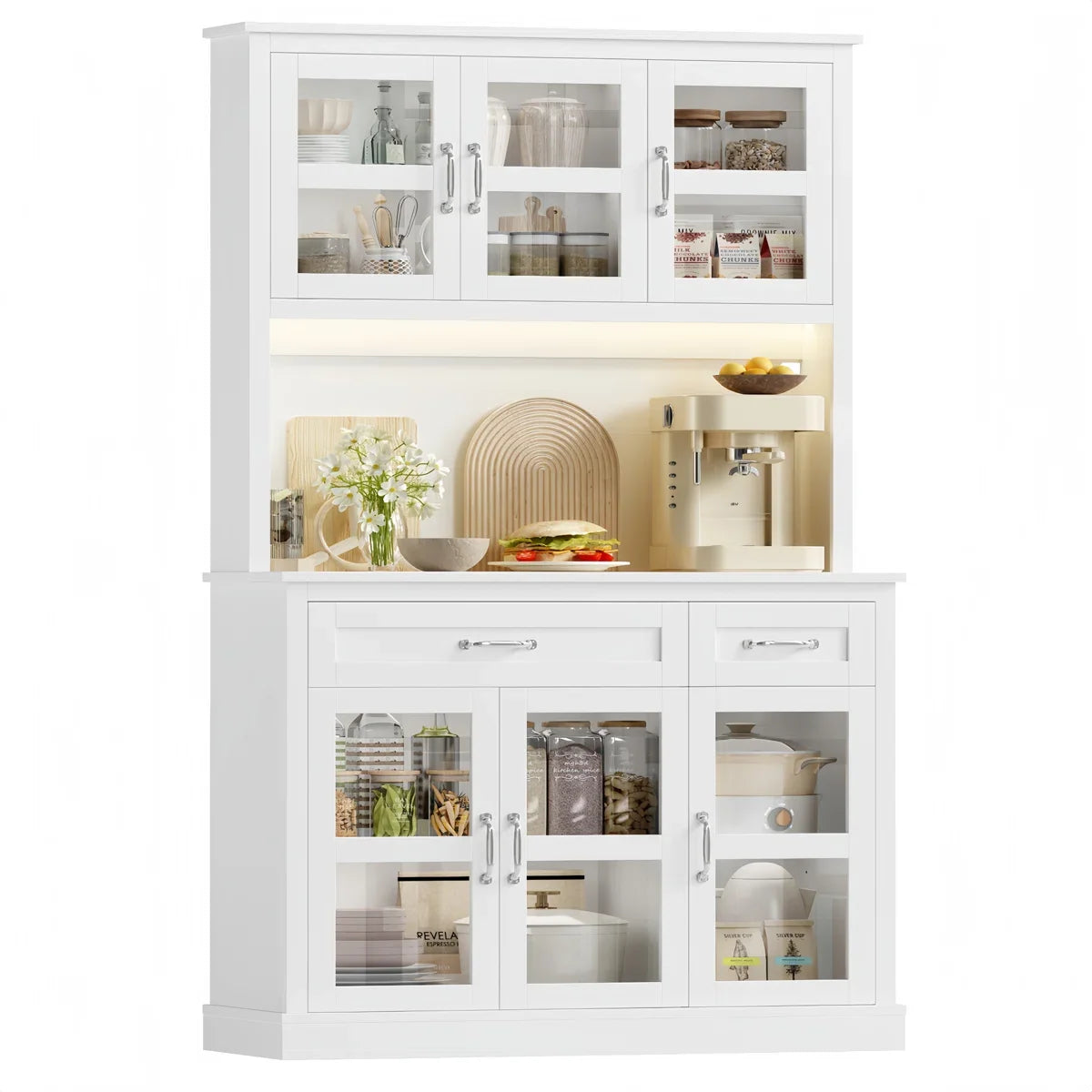71" Kitchen Pantry Cabinet with Charging Station & Light, Tall Pantry Large Storage Space Cabinet with Microwave Stand, Modern Freestanding Hutch with Countertop for Dining Room, White