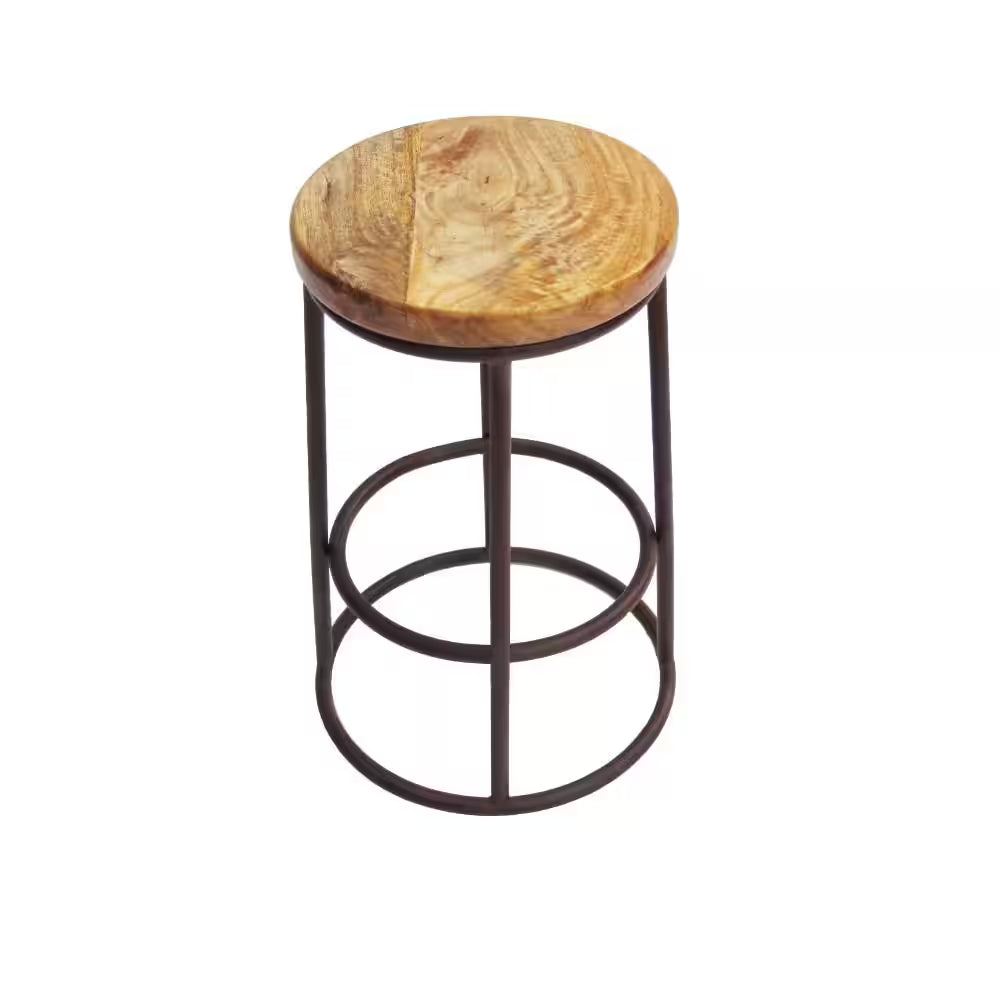 24 In. Mango Wood Brown and Black Counter Height Bar Stool with Iron Base