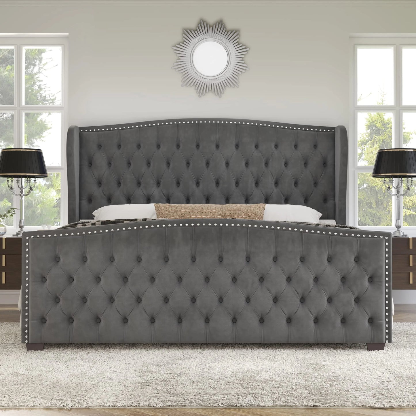 King Size Bed Frame, Velvet Upholstered Bed with Deep Button Tufted Wingback Headboard,Grey