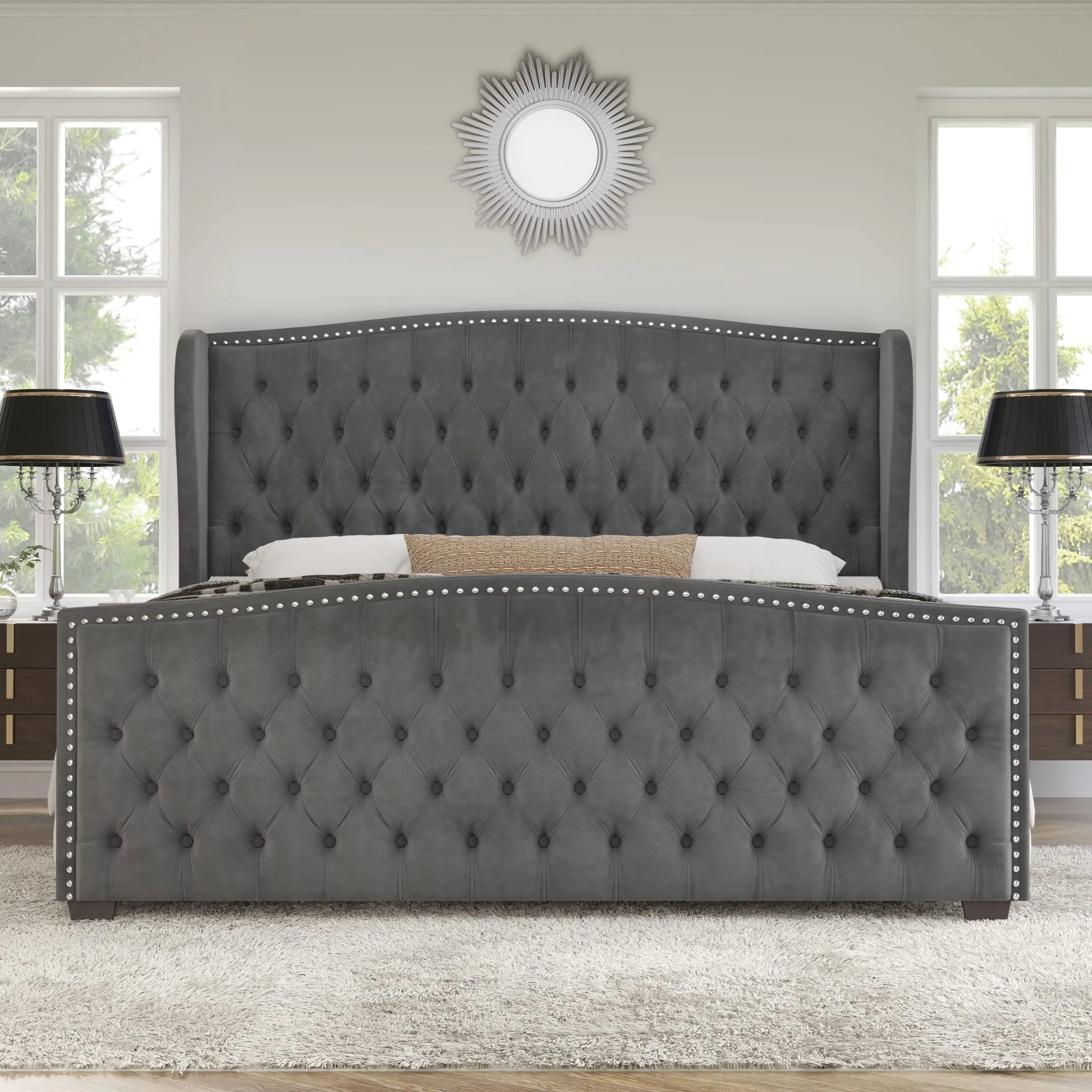 King Size Bed Frame, Velvet Upholstered Bed with Deep Button Tufted Wingback Headboard,Grey